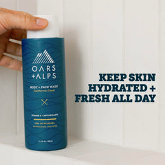 Oars and Alps Body Wash California Coast bottle pump close-up highlighting rich lather.
