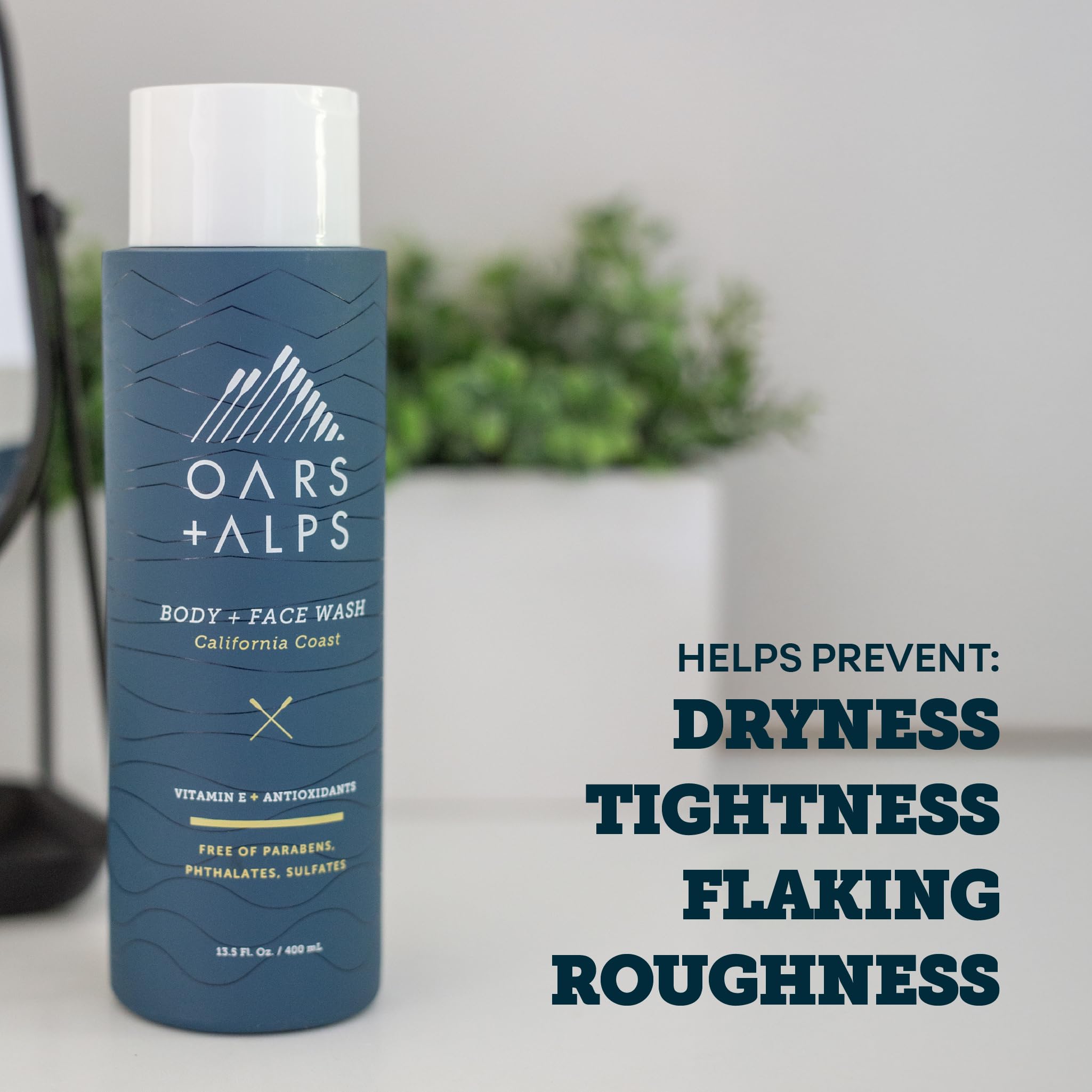 Oars and Alps product shot on bathroom counter.