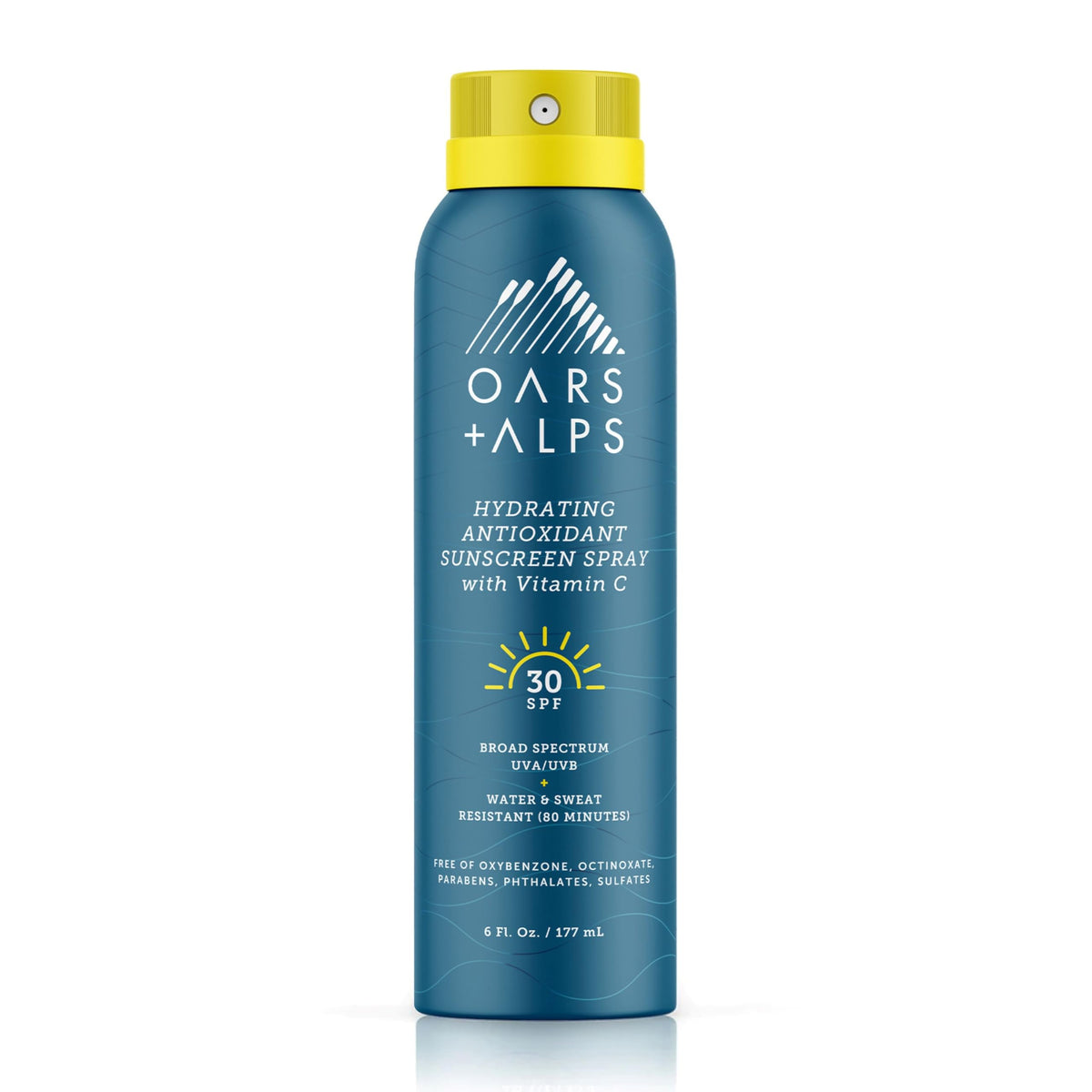 Oars and Alps SPF 30 spray bottle for face and body, fast-absorbing protection.