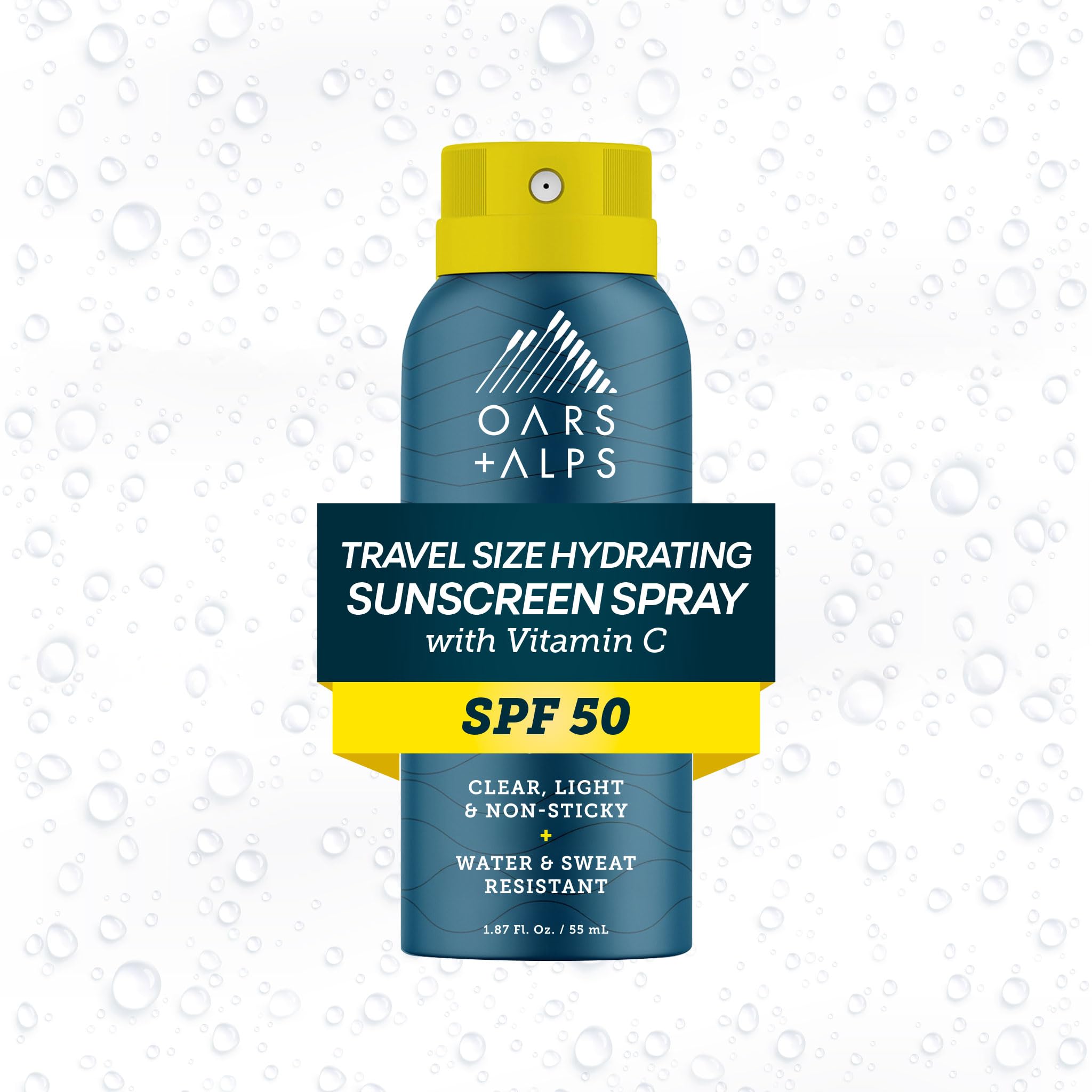 Oars + Alps SPF 50 spray bottle for quick, even coverage on face and body