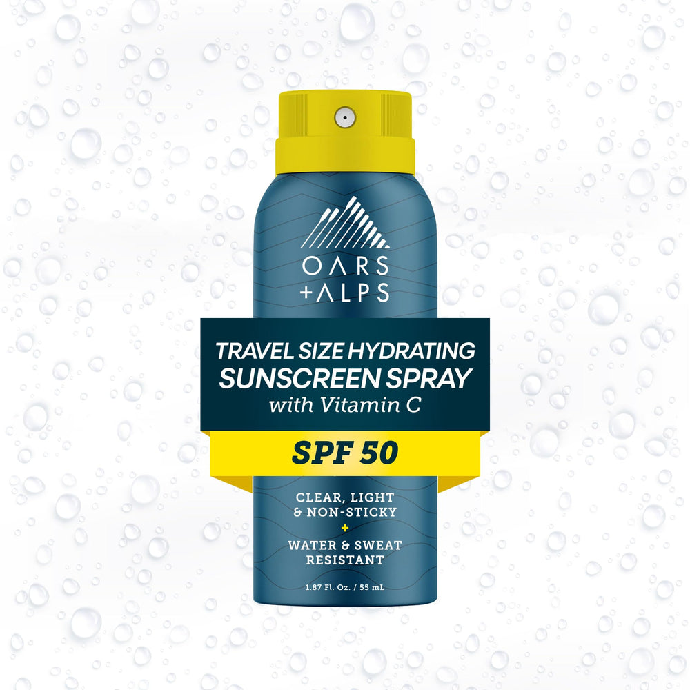 Oars + Alps SPF 50 spray bottle for quick, even coverage on face and body