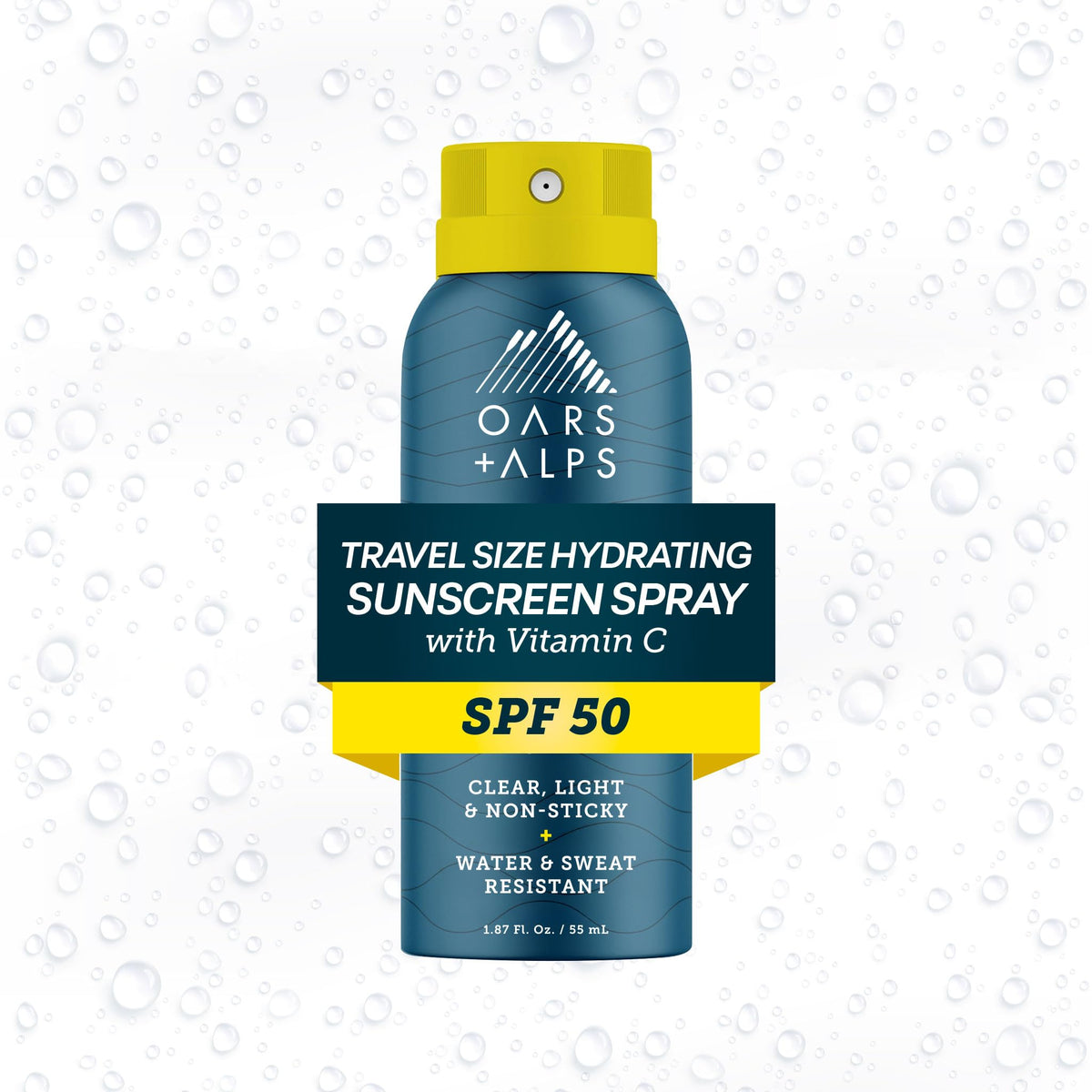 Oars + Alps SPF 50 spray bottle for quick, even coverage on face and body