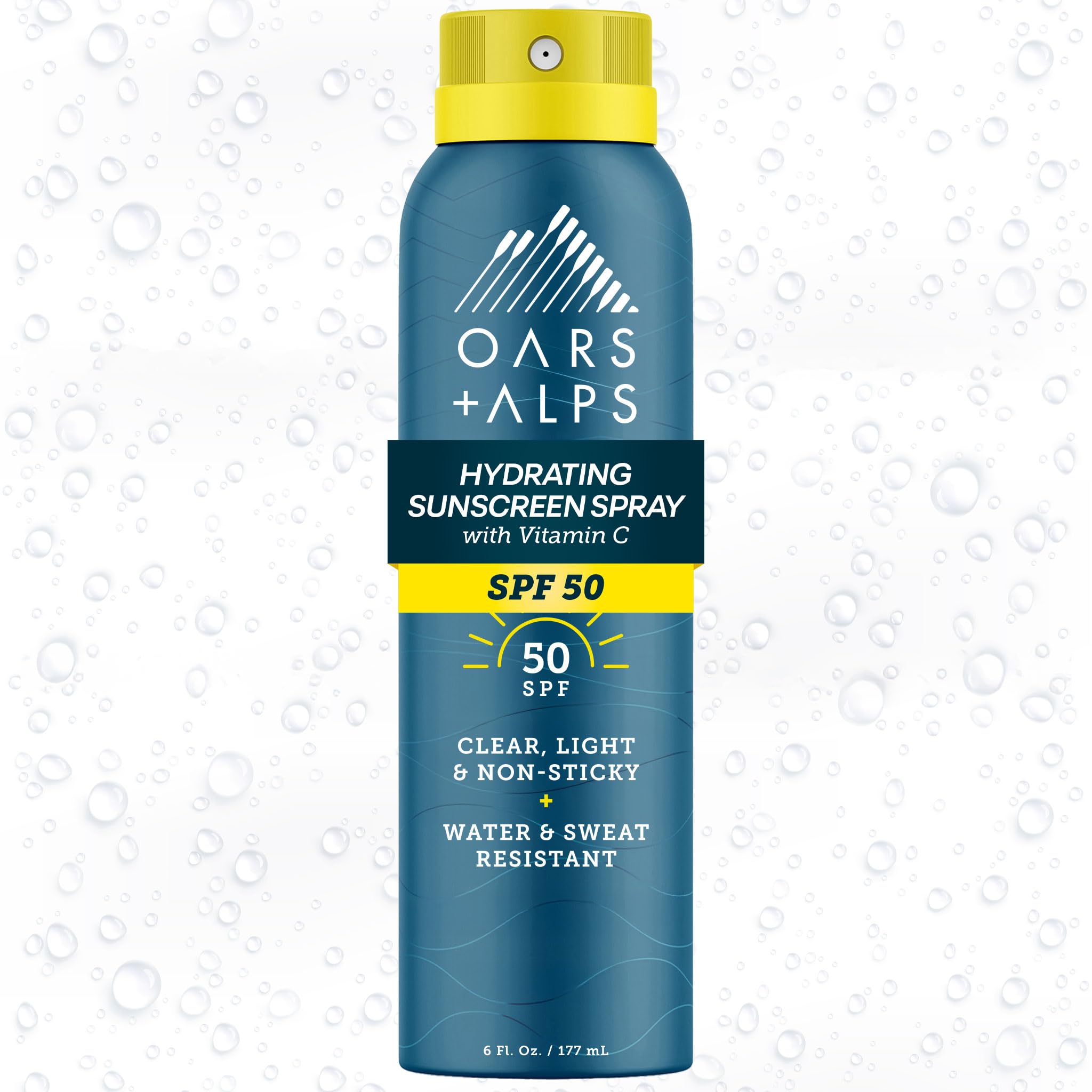 Oars + Alps SPF 50 sunscreen spray front view for face and body, lightweight protection.
