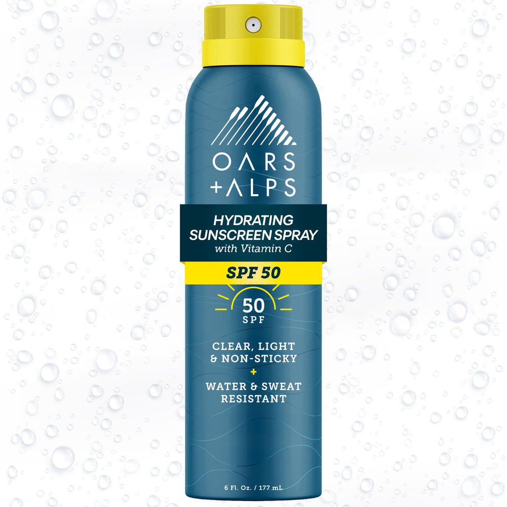 Oars + Alps SPF 50 sunscreen spray front view for face and body, lightweight protection.