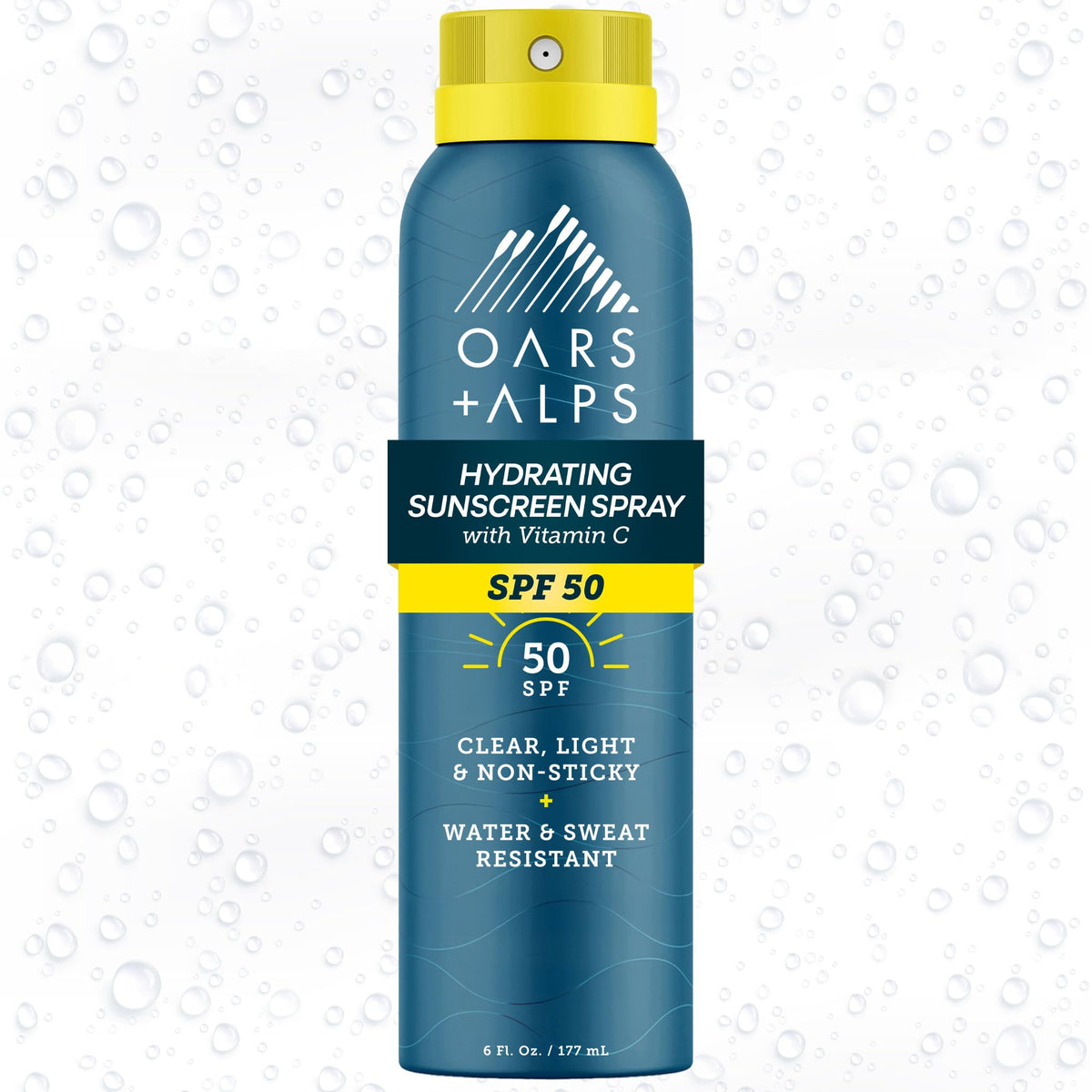Oars + Alps SPF 50 sunscreen spray front view for face and body, lightweight protection.