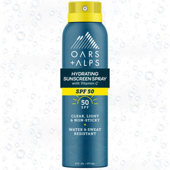 Oars + Alps SPF 50 sunscreen spray front view for face and body, lightweight protection.