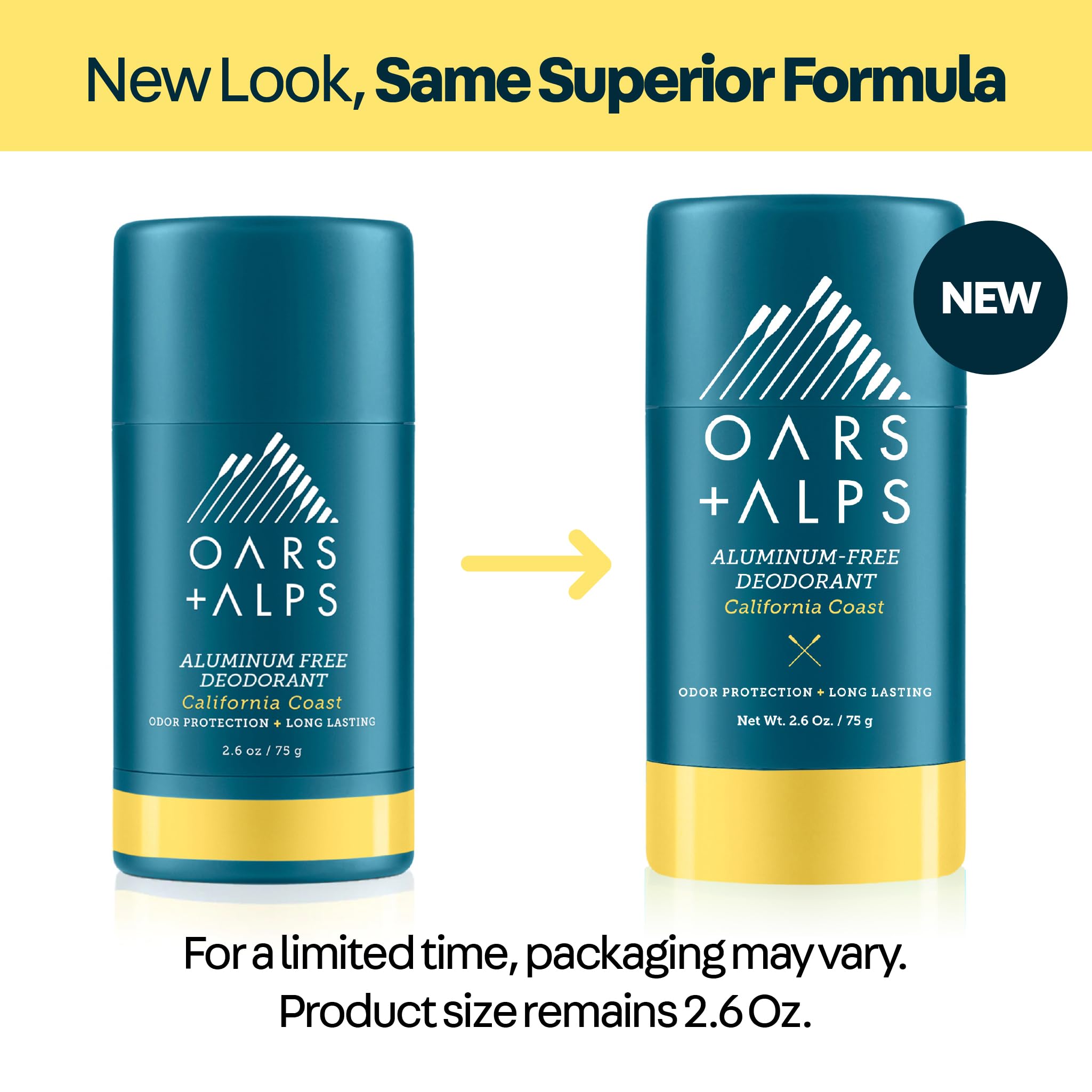 Oars + Alps deodorant shown with a pit-stain-free shirt result.