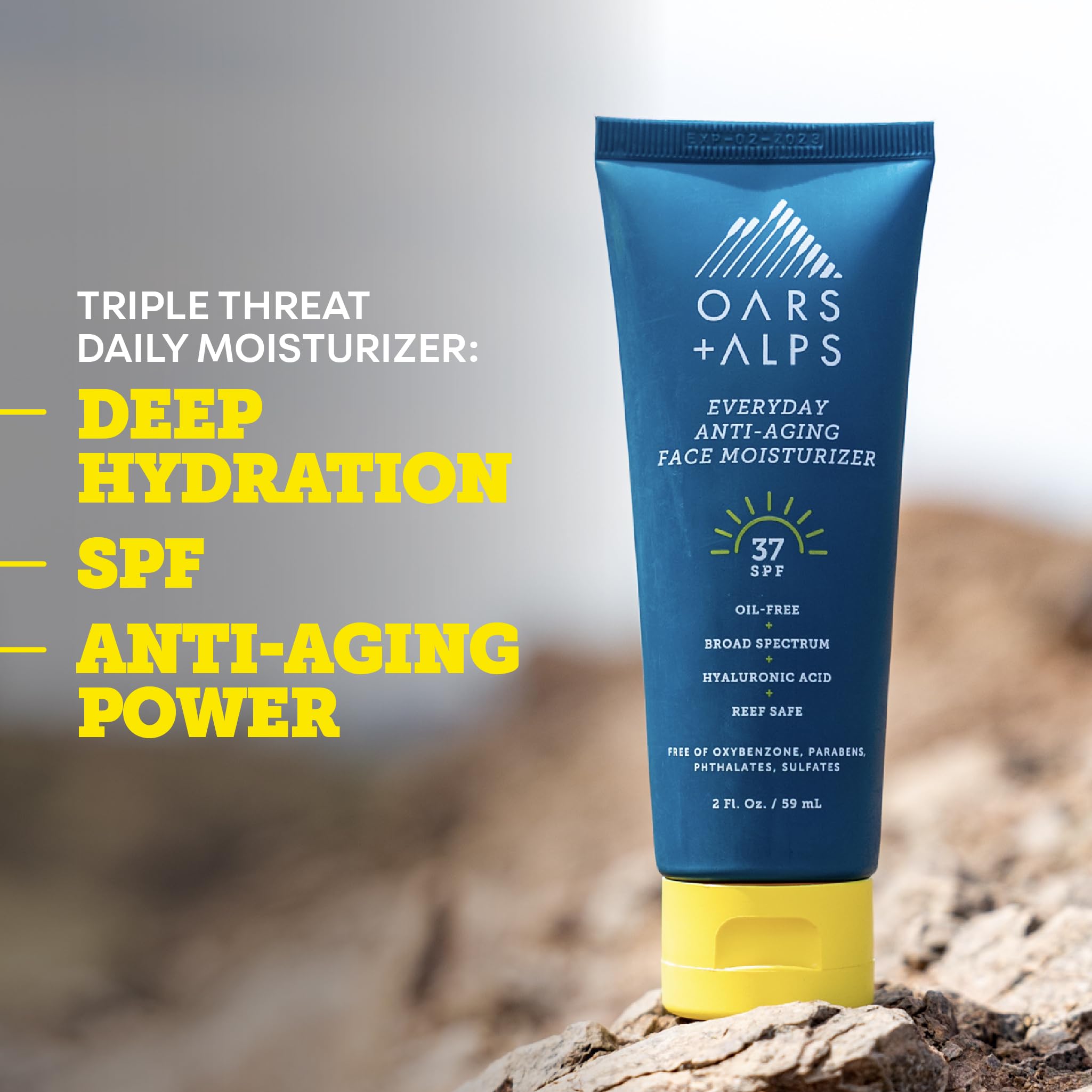 Oars + Alps formula with hyaluronic acid and vitamin E for hydration.