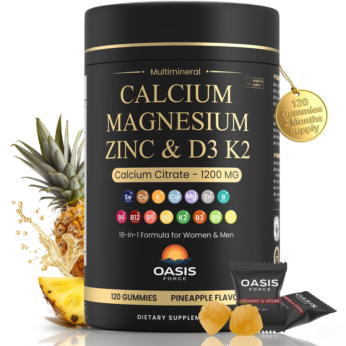 OASIS FORCE calcium 1200 mg gummies front view bottle for daily bone support