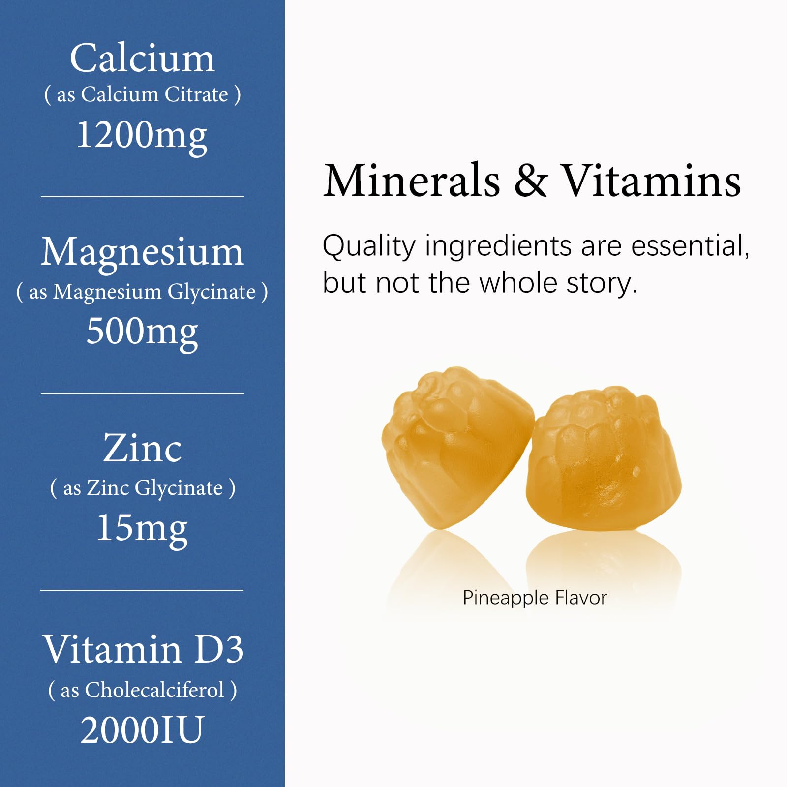 Label on OASIS FORCE gummies showing minerals and vitamins for bone health