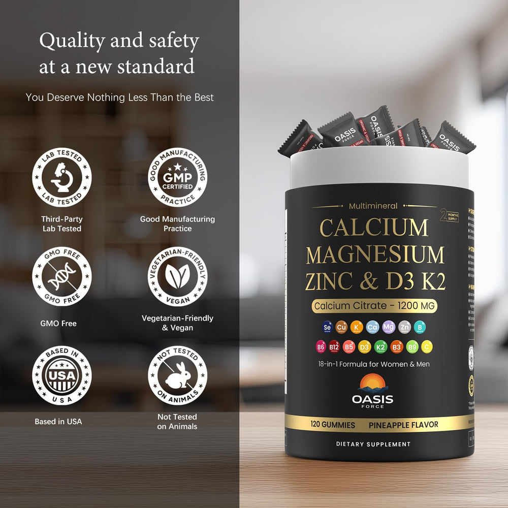 Non-GMO, gluten-free, soy-free OASIS FORCE calcium gummies for diverse diets