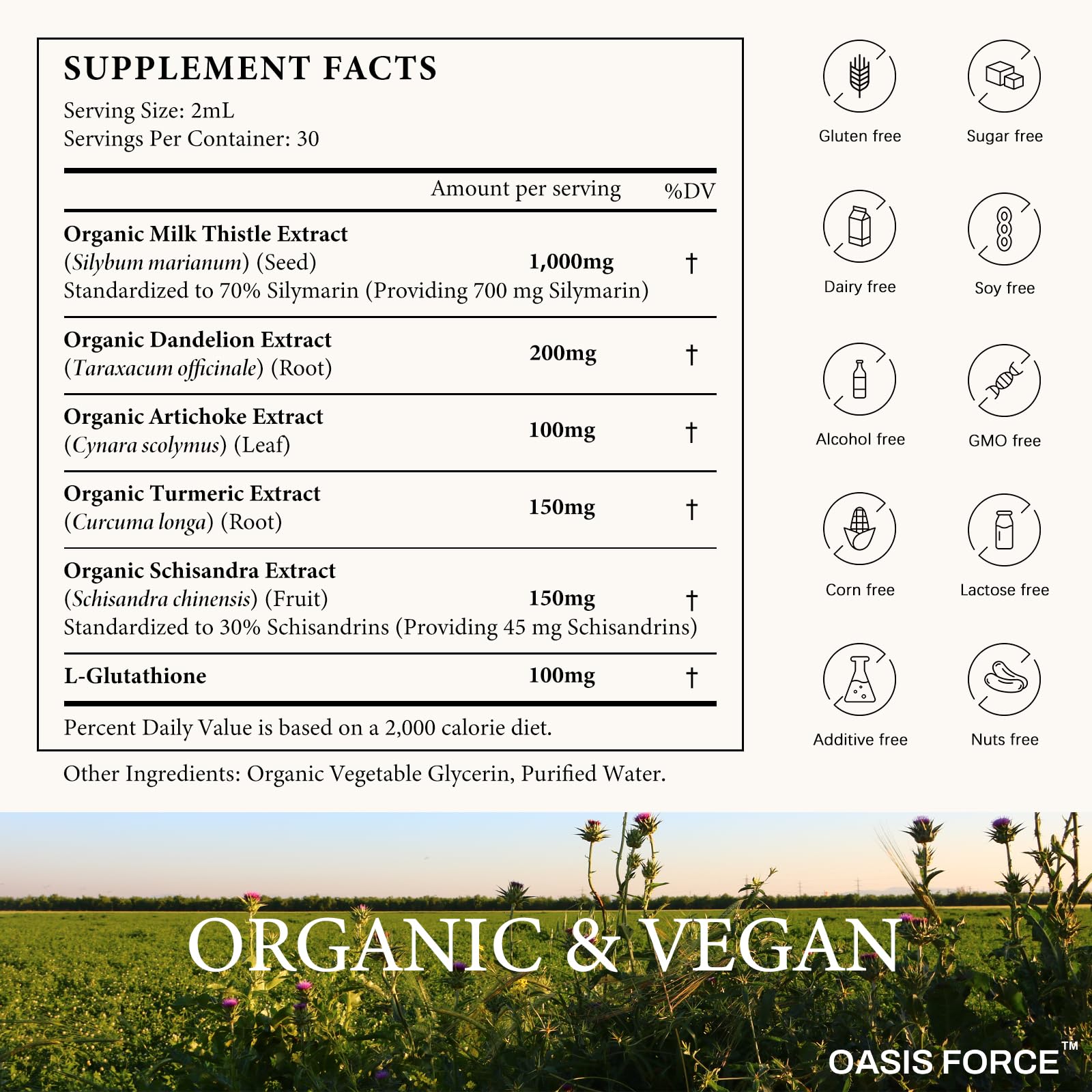 OASIS FORCE Alcohol-free vegan label indicating purity and plant-based formula
