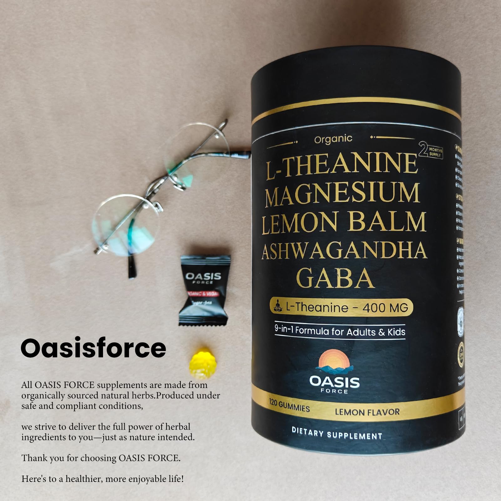 OASIS FORCE 60-day supply jar shows 120 gummies and two per serving.
