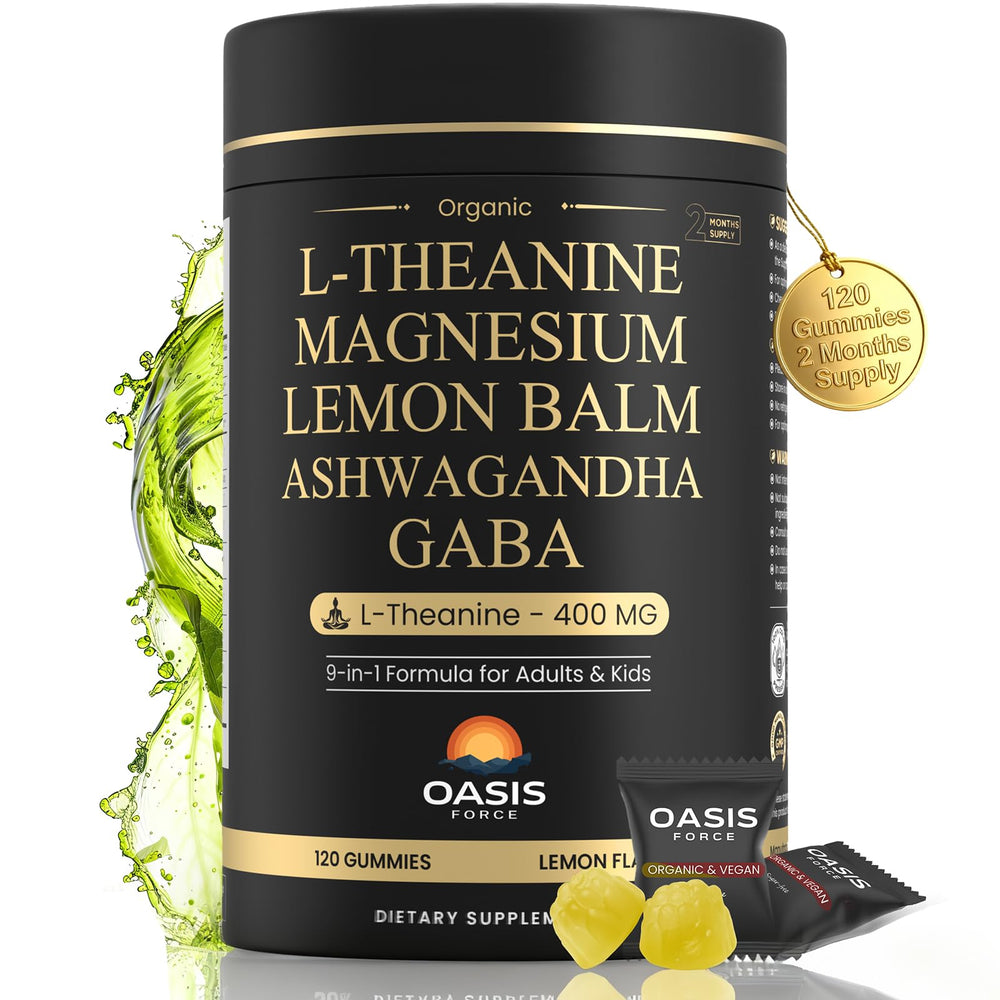 OASIS FORCE L-Theanine gummies bottle promotes calm focus and relaxation.