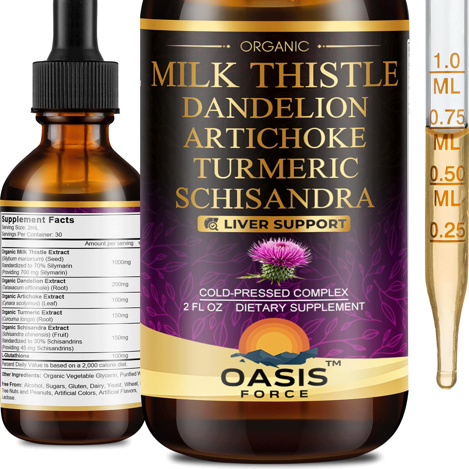 OASIS FORCE Milk Thistle liquid bottle label highlighting silymarin for liver support