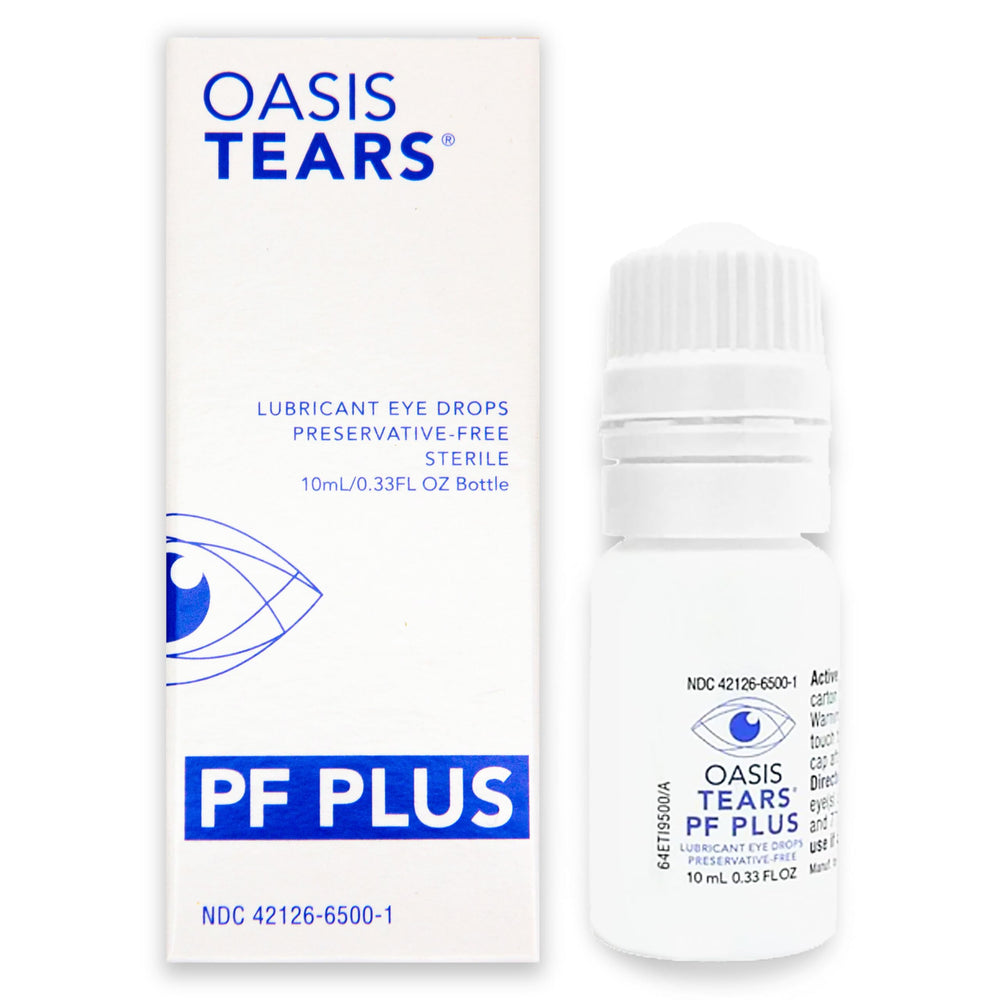 Oasis TEARS OT6500 PF Plus bottle closeup, preservative-free formula for gentle lubrication.