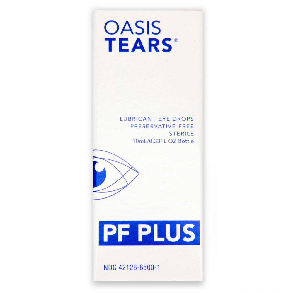 Oasis TEARS OT6500 PF Plus label detail highlights preservative-free formula and usage.
