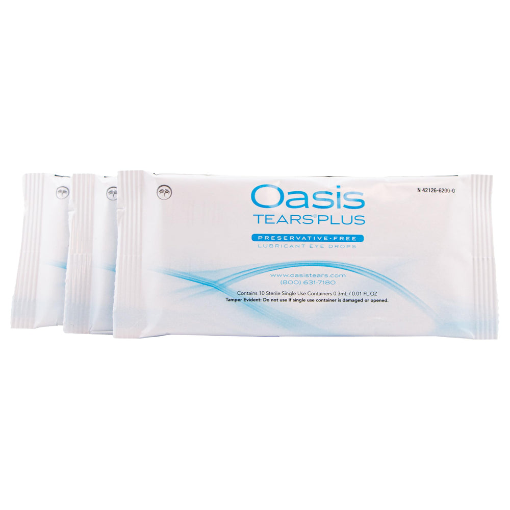 Oasis TEARS PLUS preservative-free label emphasizes a gentle eye care option