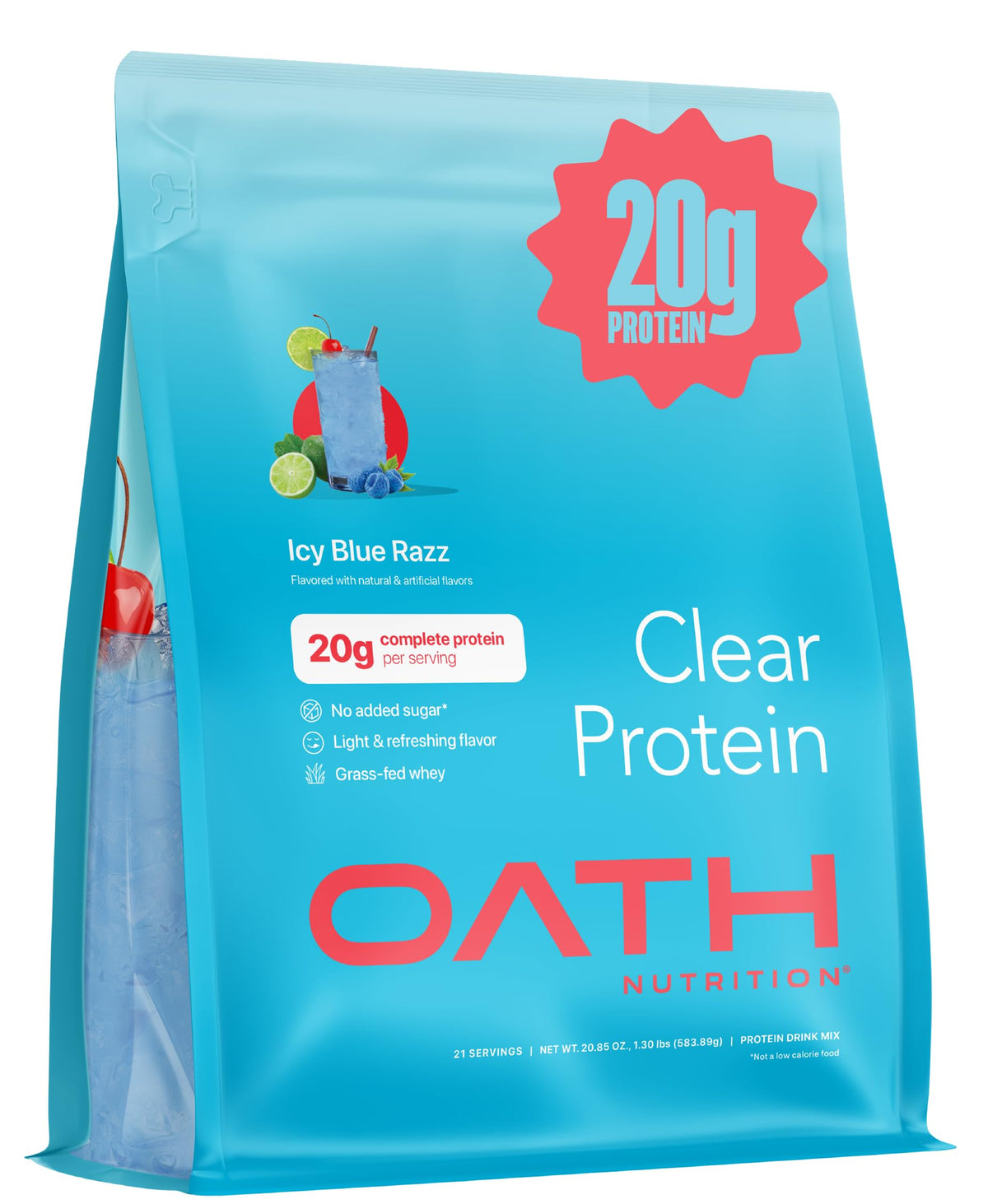 Oath Clear Whey ICY Blue Razz bottle shows refreshing, sugar-free protein on the go.