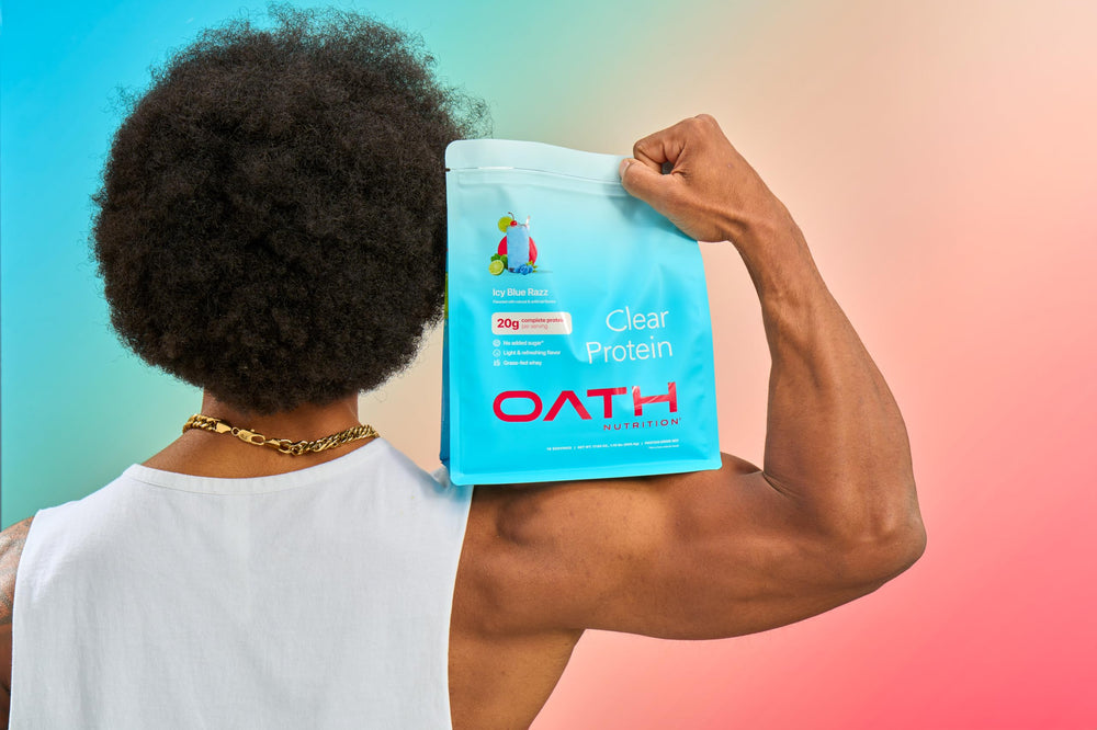 Oath Clear Whey ICY Blue Razz label emphasizes grass-fed, complete protein for daily use.