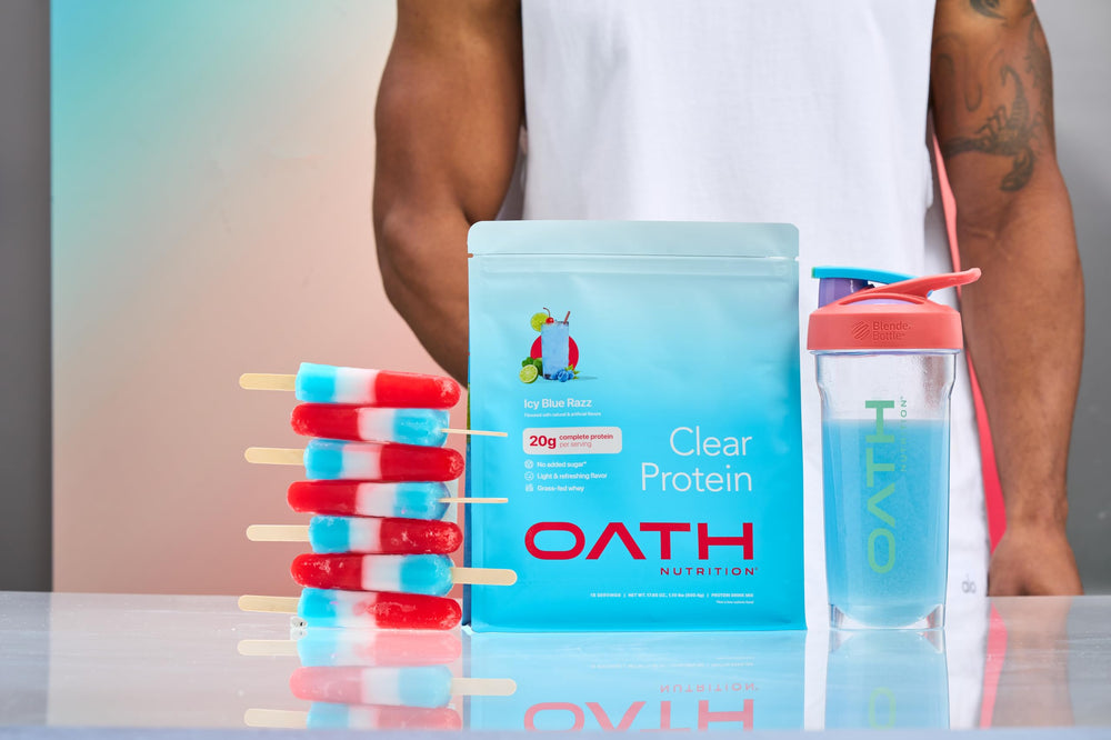 Oath Clear Whey ICY Blue Razz serving cup suggests versatile mix-and-enjoy protein options.