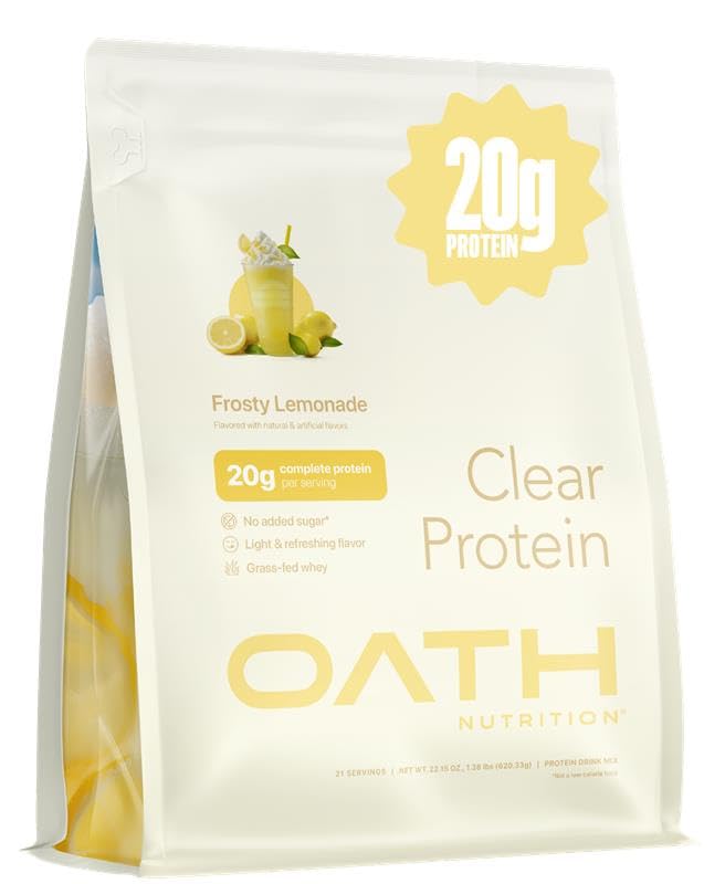 Oath Nutrition Clear Whey Frosty Lemonade pour, refreshing post-workout drink