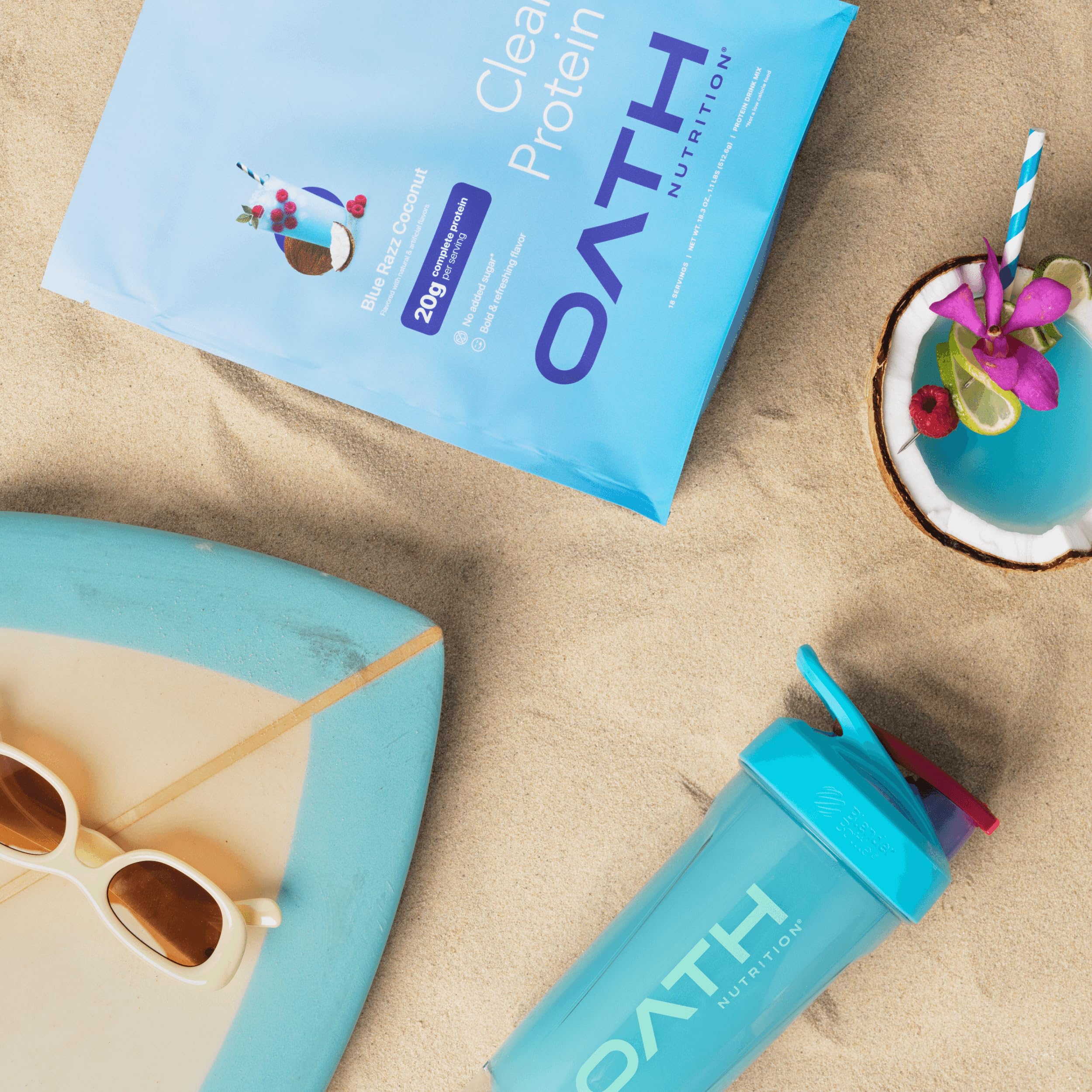 Oath Nutrition Clear Whey beach scene suggests refreshing protein for summer workouts.