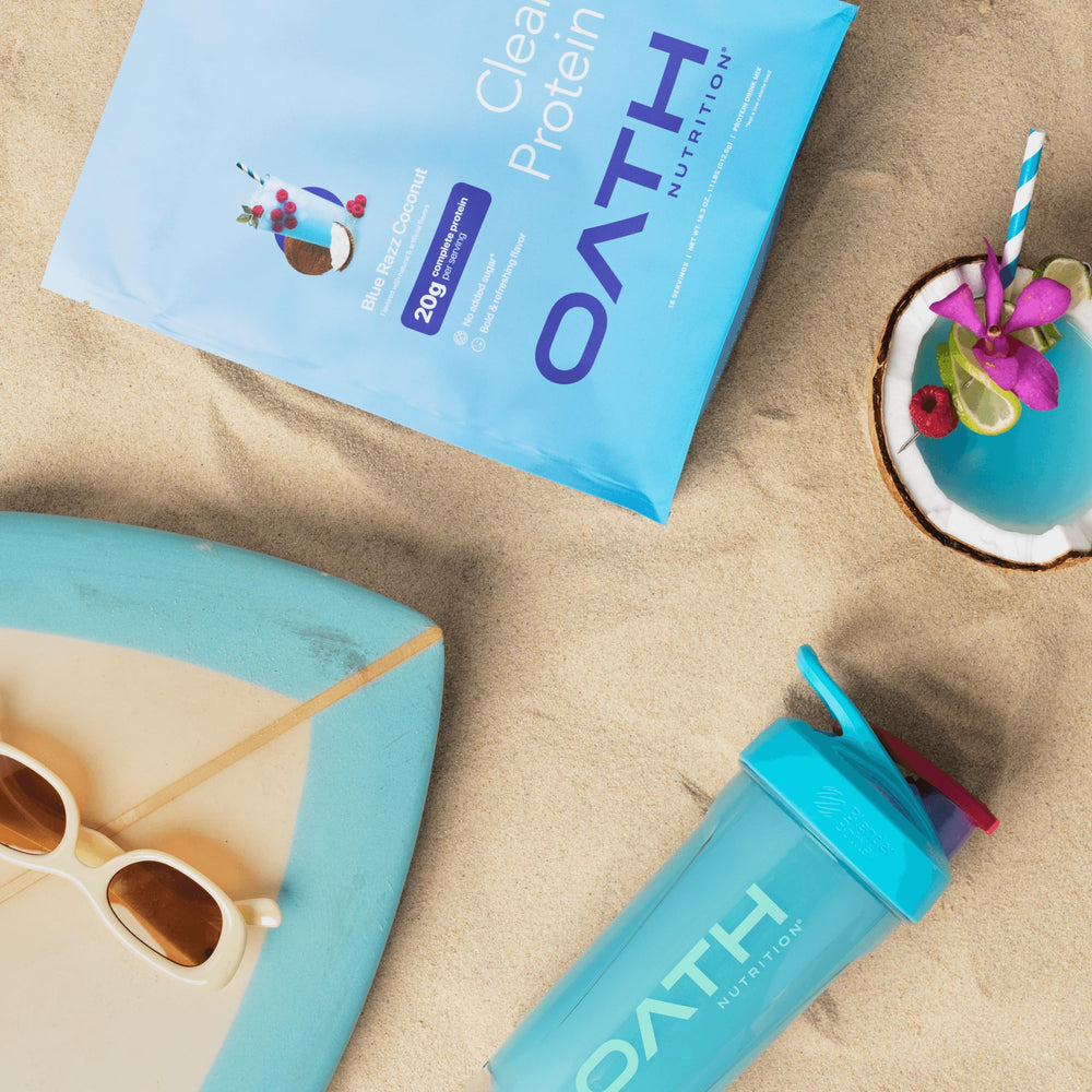 Oath Nutrition Clear Whey beach scene suggests refreshing protein for summer workouts.