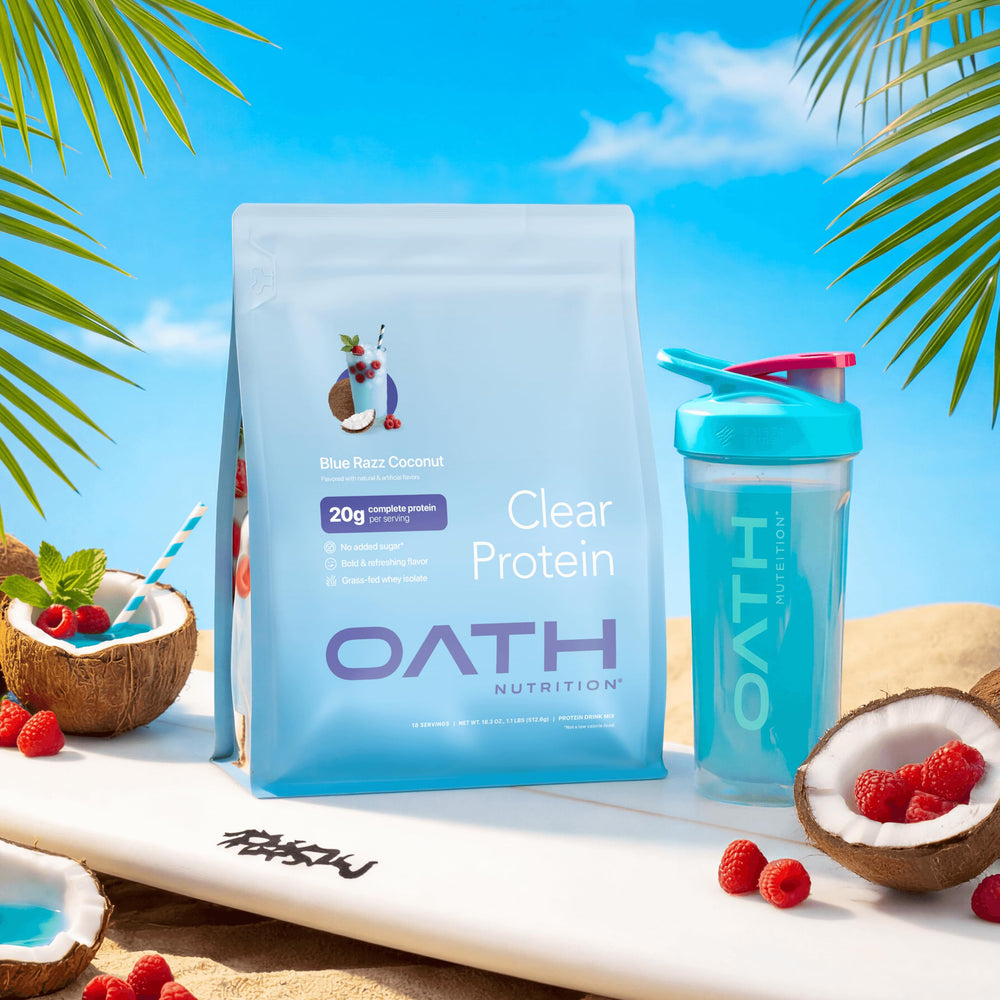 Oath Nutrition Clear Whey label emphasizes grass-fed protein and no added sugar.