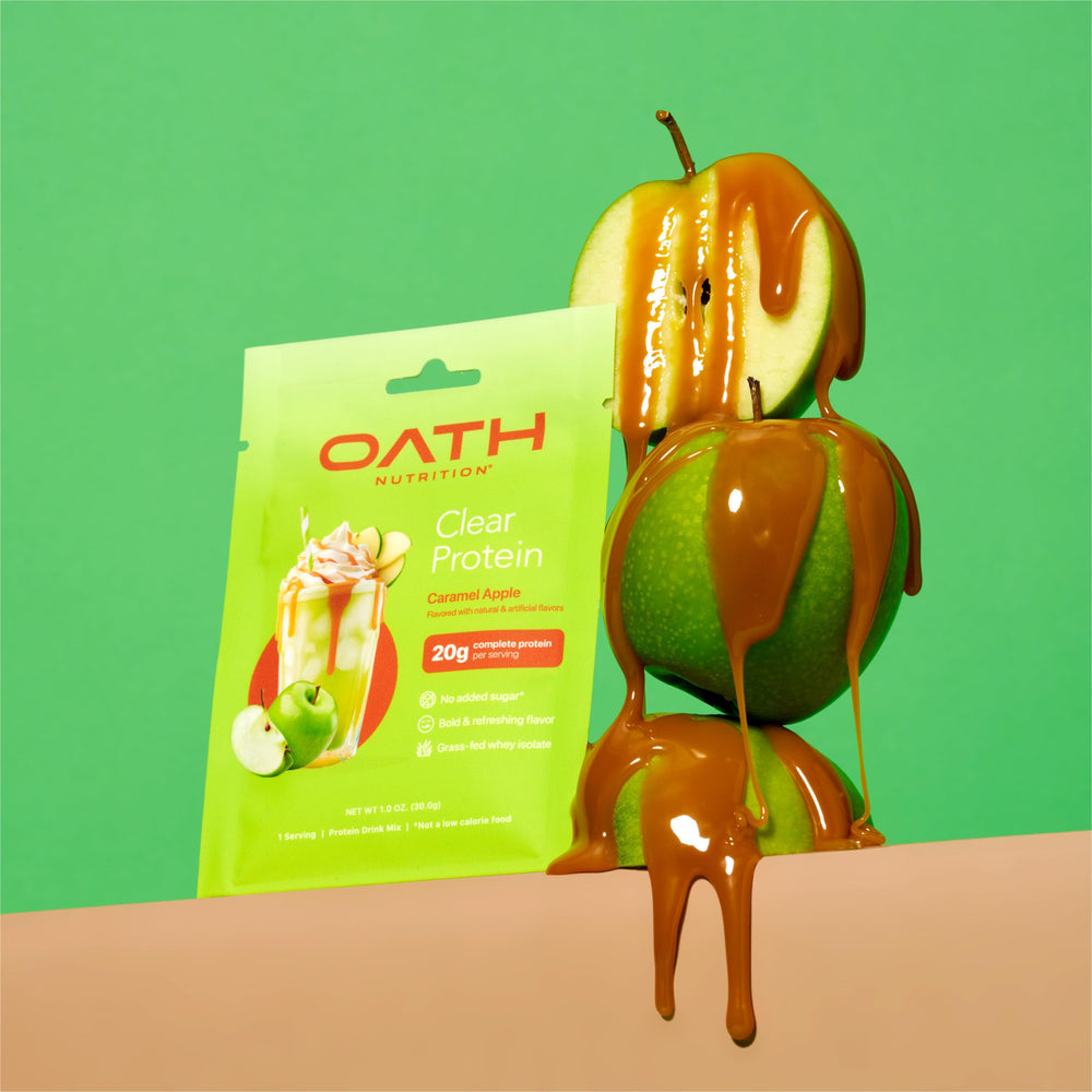 Oath Nutrition Clear Whey Isolate powder beside sorbet dessert ideas.