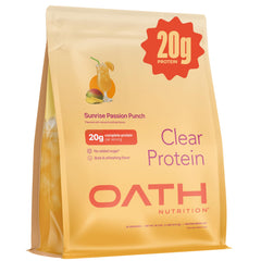 Oath Nutrition Clear Whey juice pour demonstrates a juice-like protein shake option for workouts.