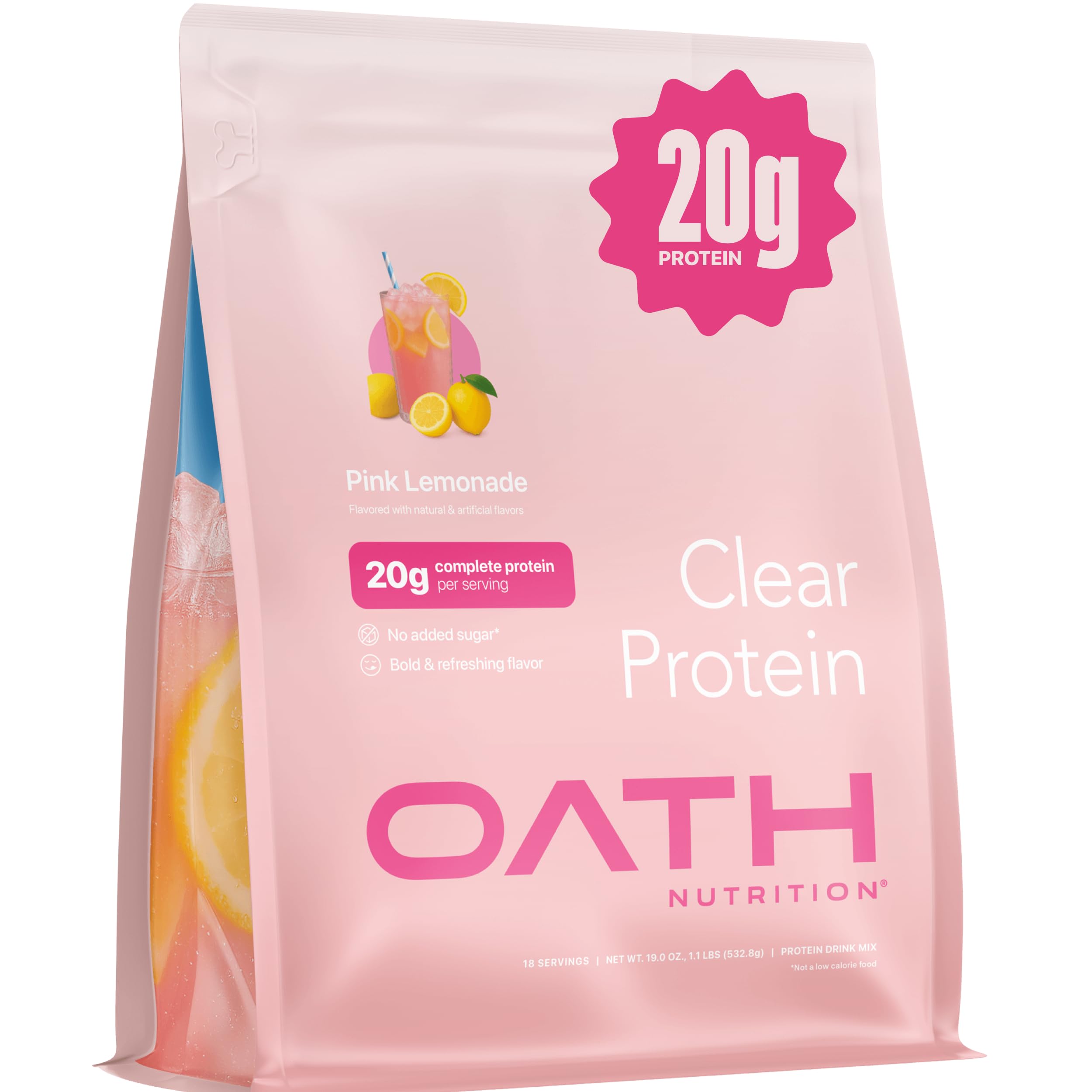 Oath Nutrition Clear Whey Pink Lemonade pour showing juice-like refreshment during workouts