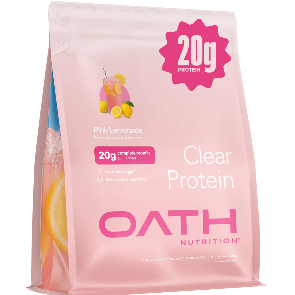 Oath Nutrition Clear Whey Pink Lemonade pour showing juice-like refreshment during workouts