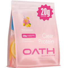Oath Nutrition Clear Whey Pink Lemonade pour showing juice-like refreshment during workouts