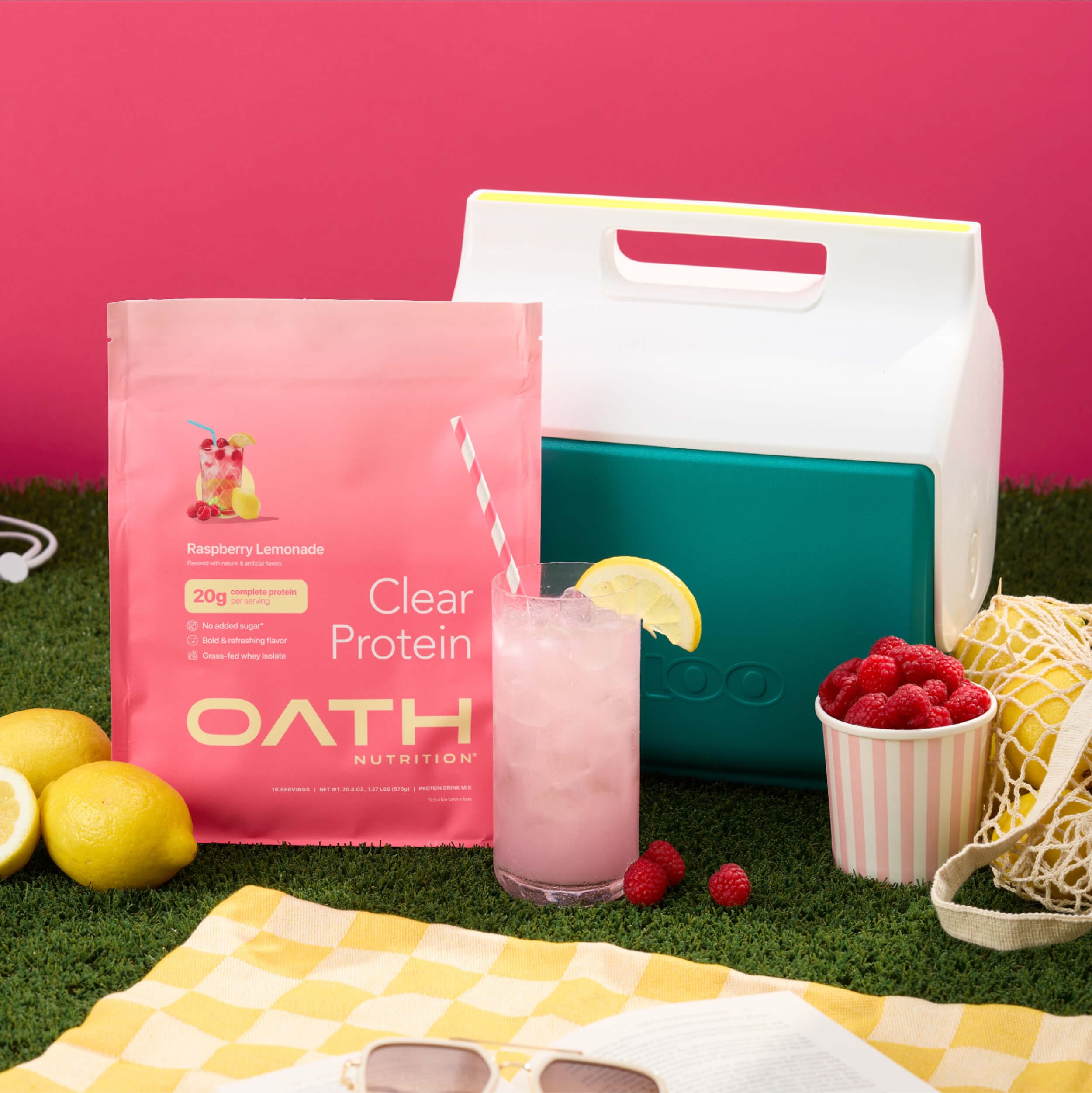Oath Nutrition Clear Whey Raspberry Lemonade beach scene lifestyle