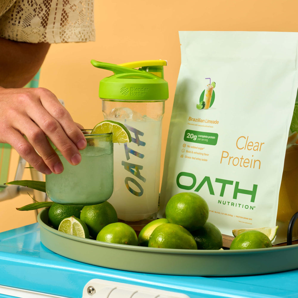 Oath Nutrition Clear Whey Brazilian Limeade serving presents tropical flavor.