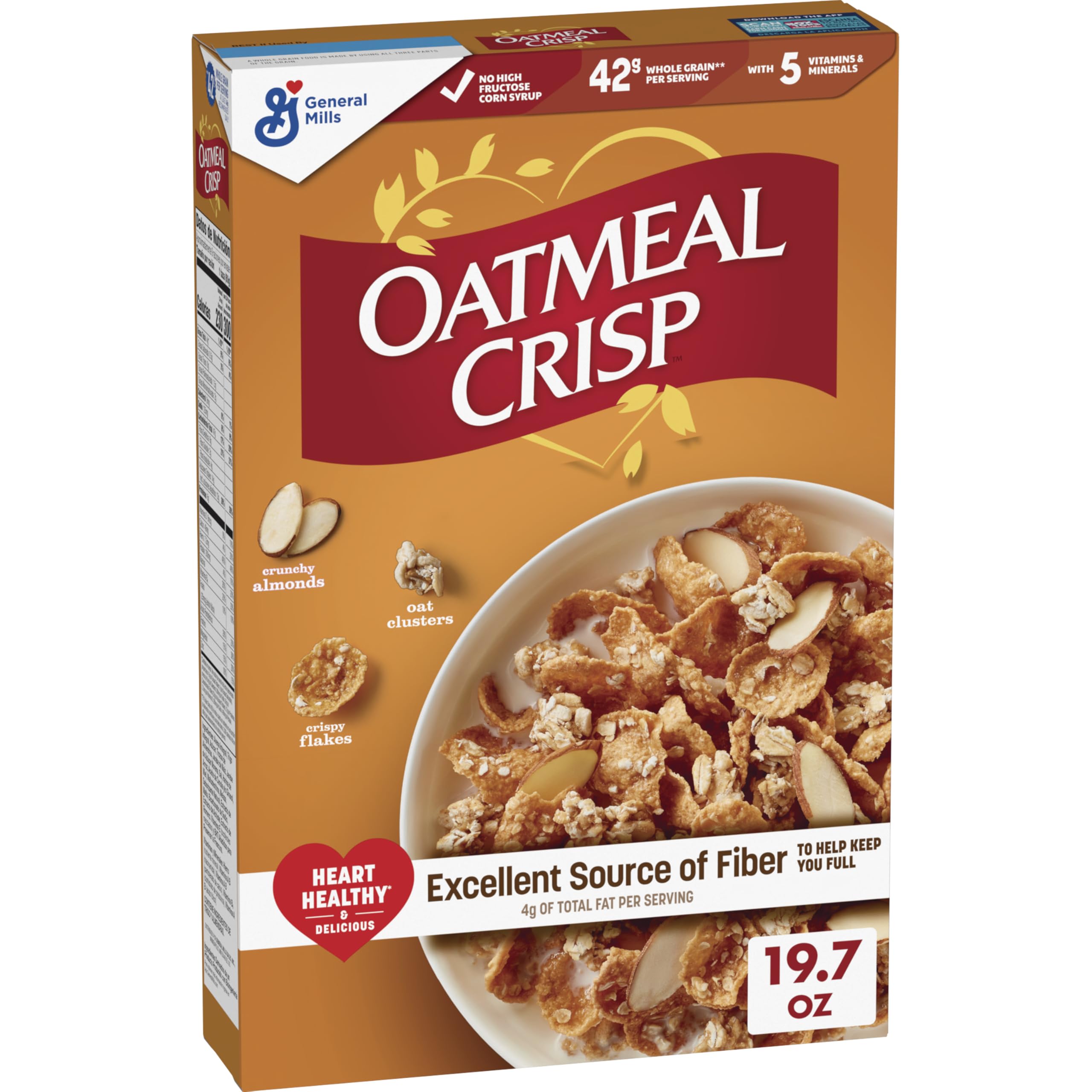 Oatmeal Crisp bowl with milk shows a high-fiber breakfast option.