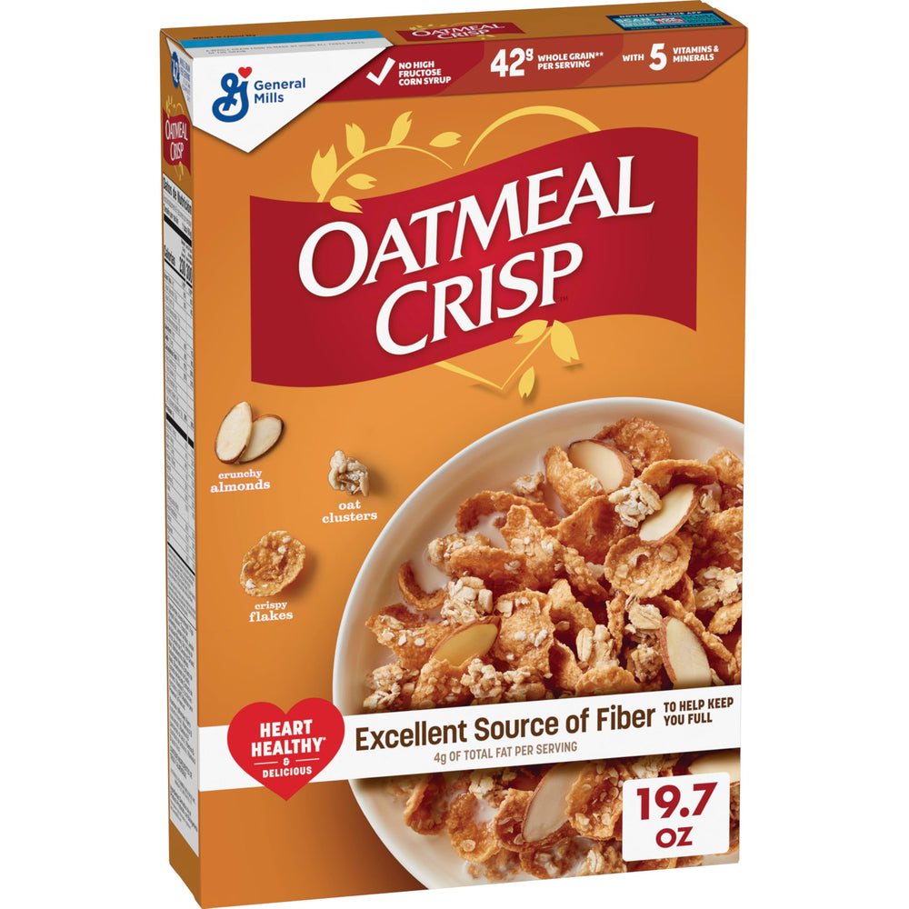Oatmeal Crisp bowl with milk shows a high-fiber breakfast option.