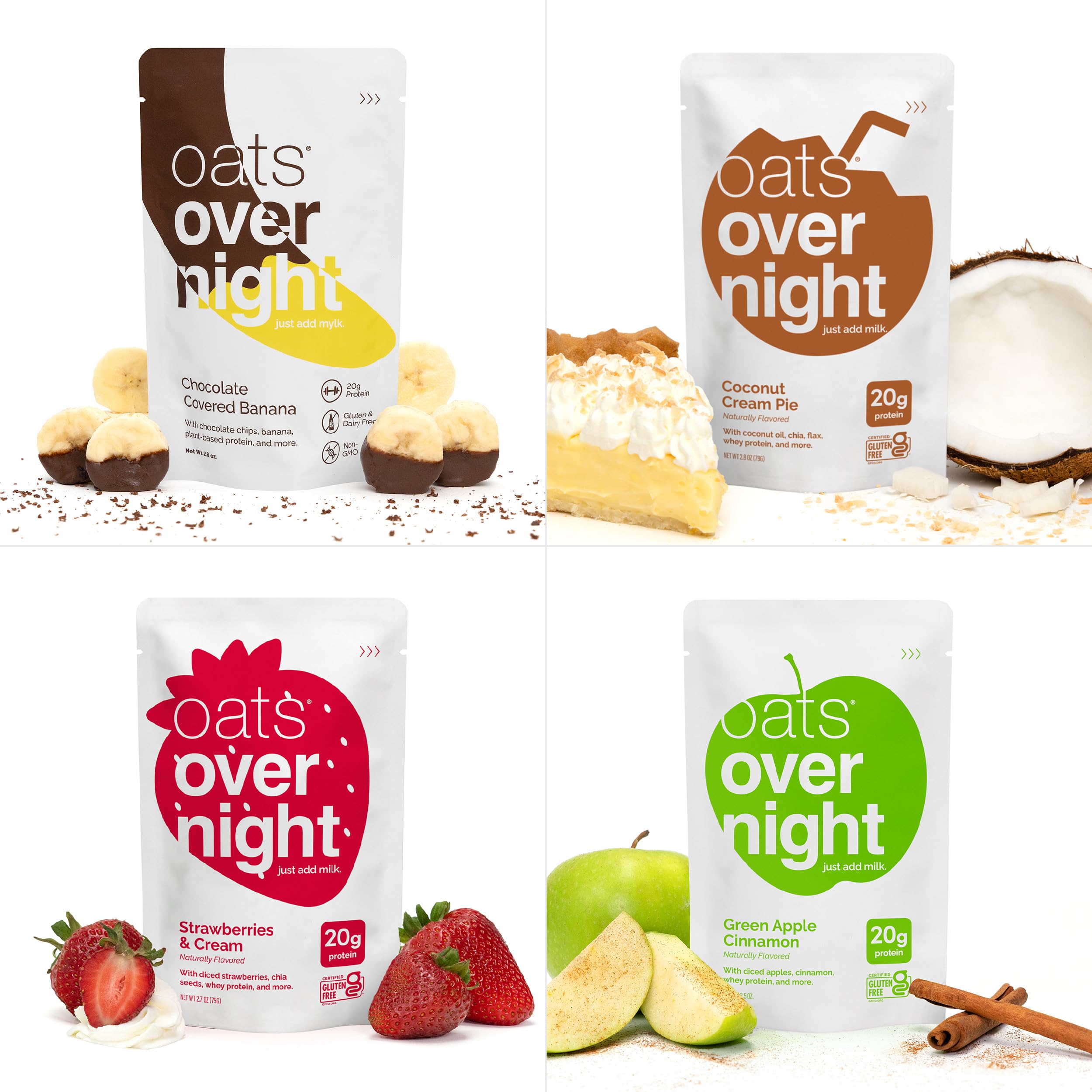 Oats Overnight fruity cereal packet suggests family-friendly, high-fiber mornings.