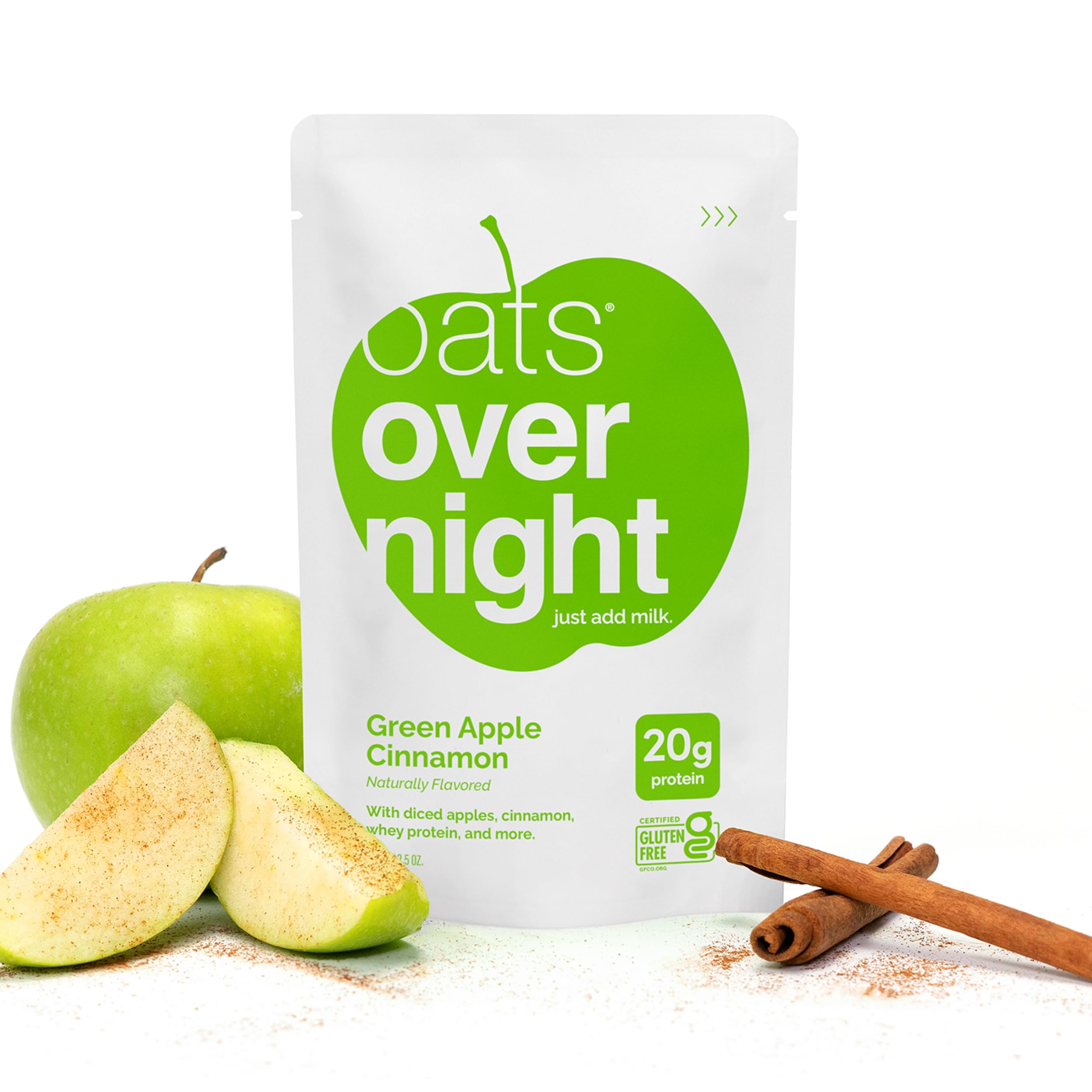 Oats Overnight Green Apple Cinnamon gluten-free and non-GMO certifications shown.