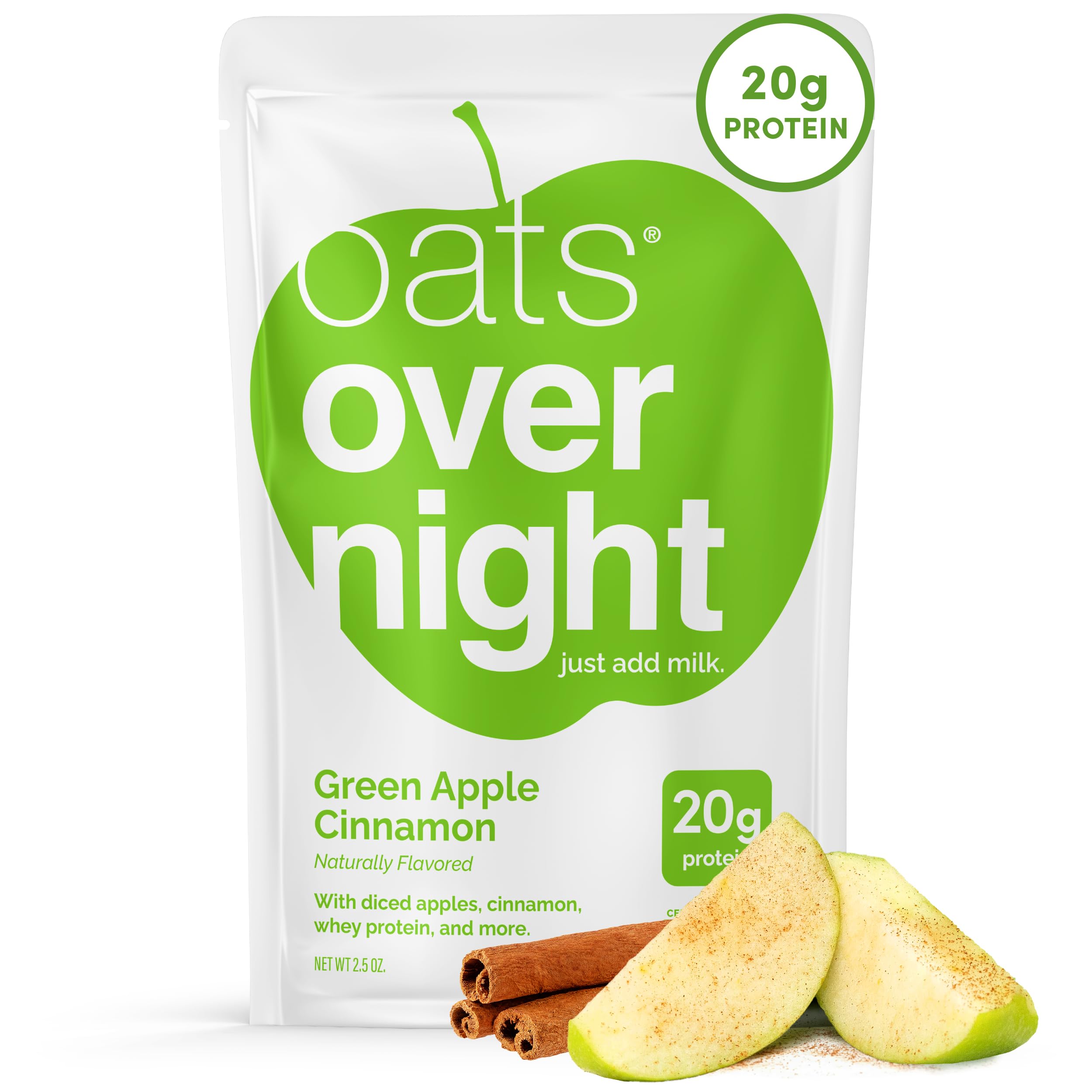 Oats Overnight Green Apple Cinnamon packaging shows gluten-free, high-protein breakfast option.