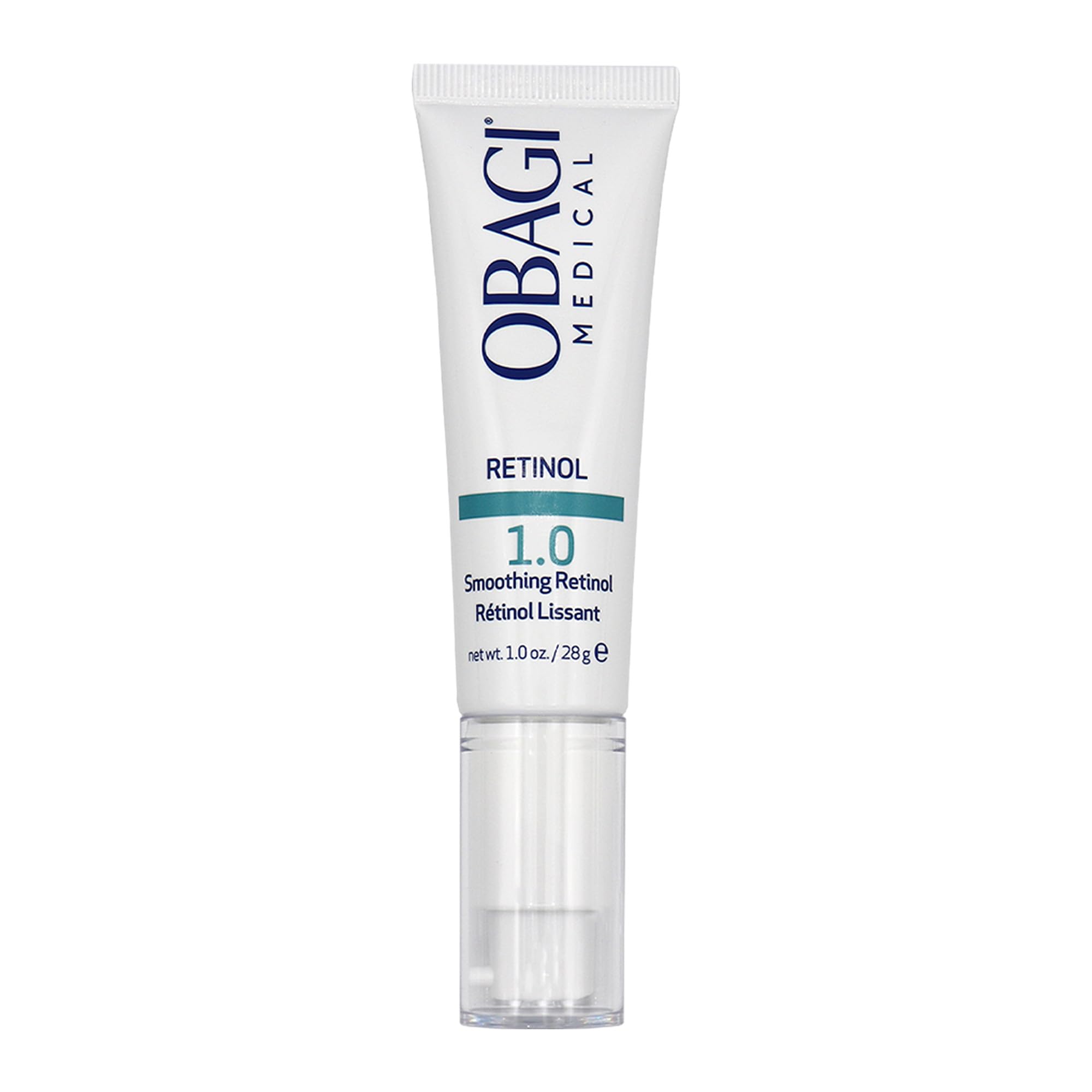 Obagi Medical Retinol 1.0 Cream bottle closeup showing premium retinol for smoother skin.