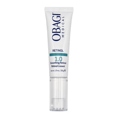 Obagi Medical Retinol 1.0 Cream bottle closeup showing premium retinol for smoother skin.