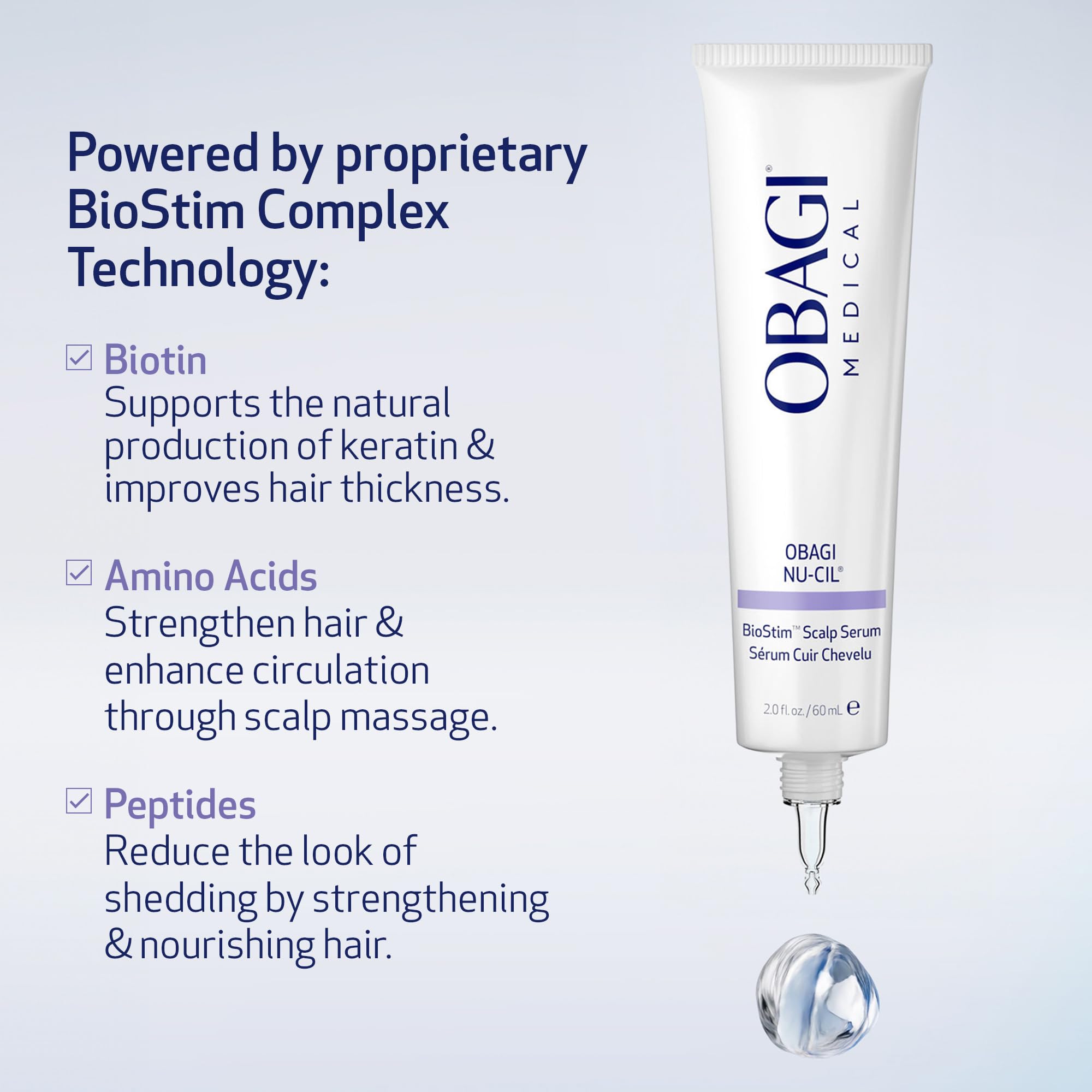 Obagi Nu-Cil BioStim fast-absorbing texture pictured on hair strand.