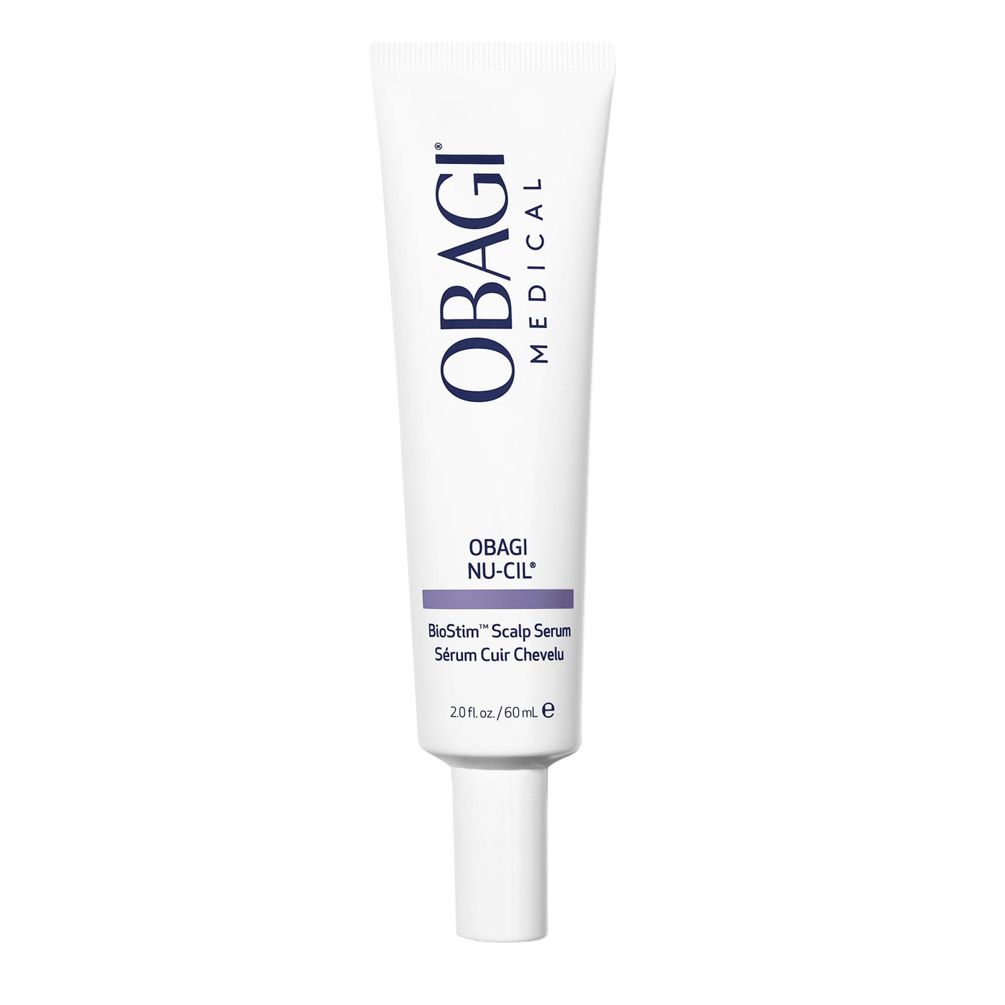 Obagi Nu-Cil BioStim scalp serum bottle shown for even application and healthier scalp.