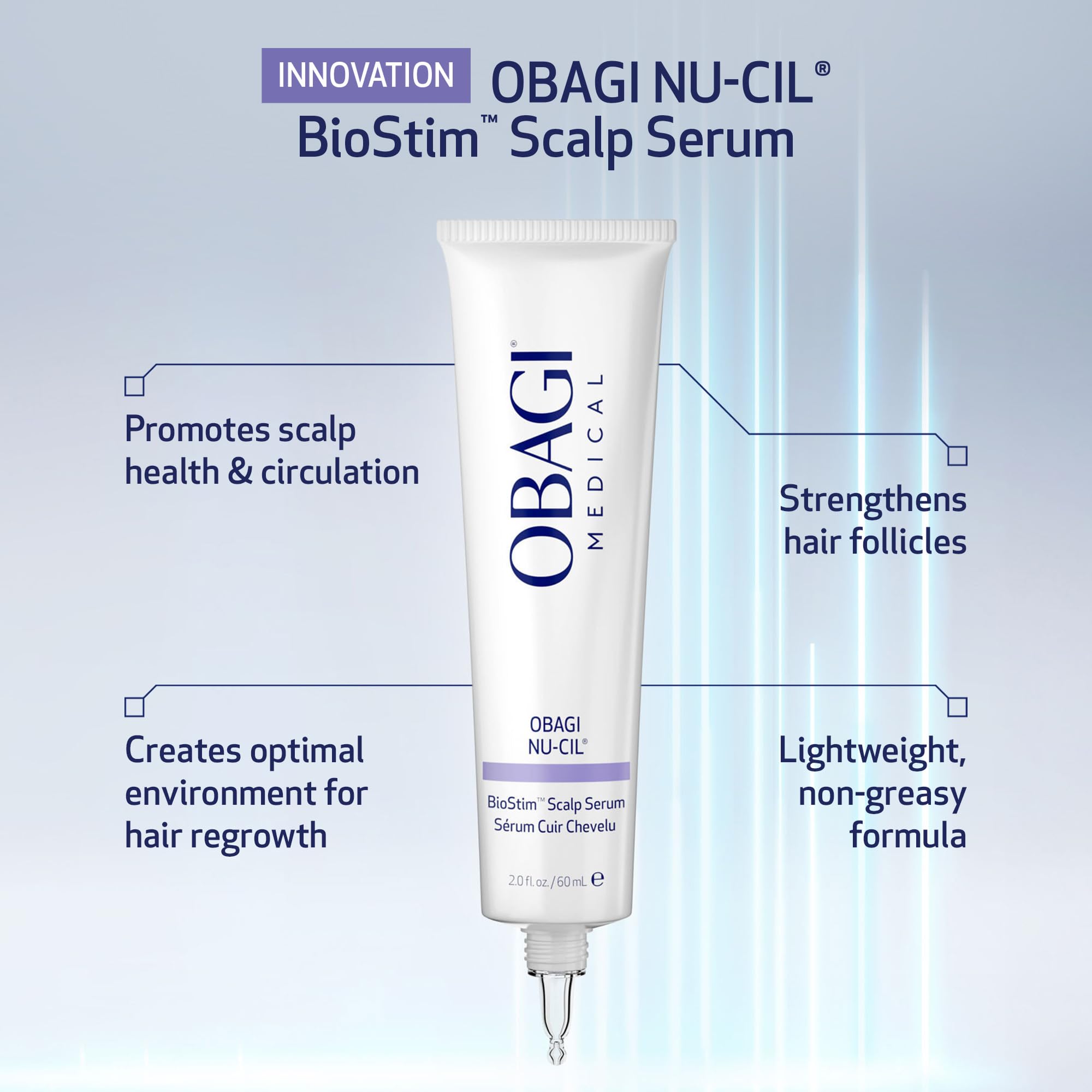 Obagi Nu-Cil BioStim serum dropper close-up highlighting lightweight, non-greasy formula.