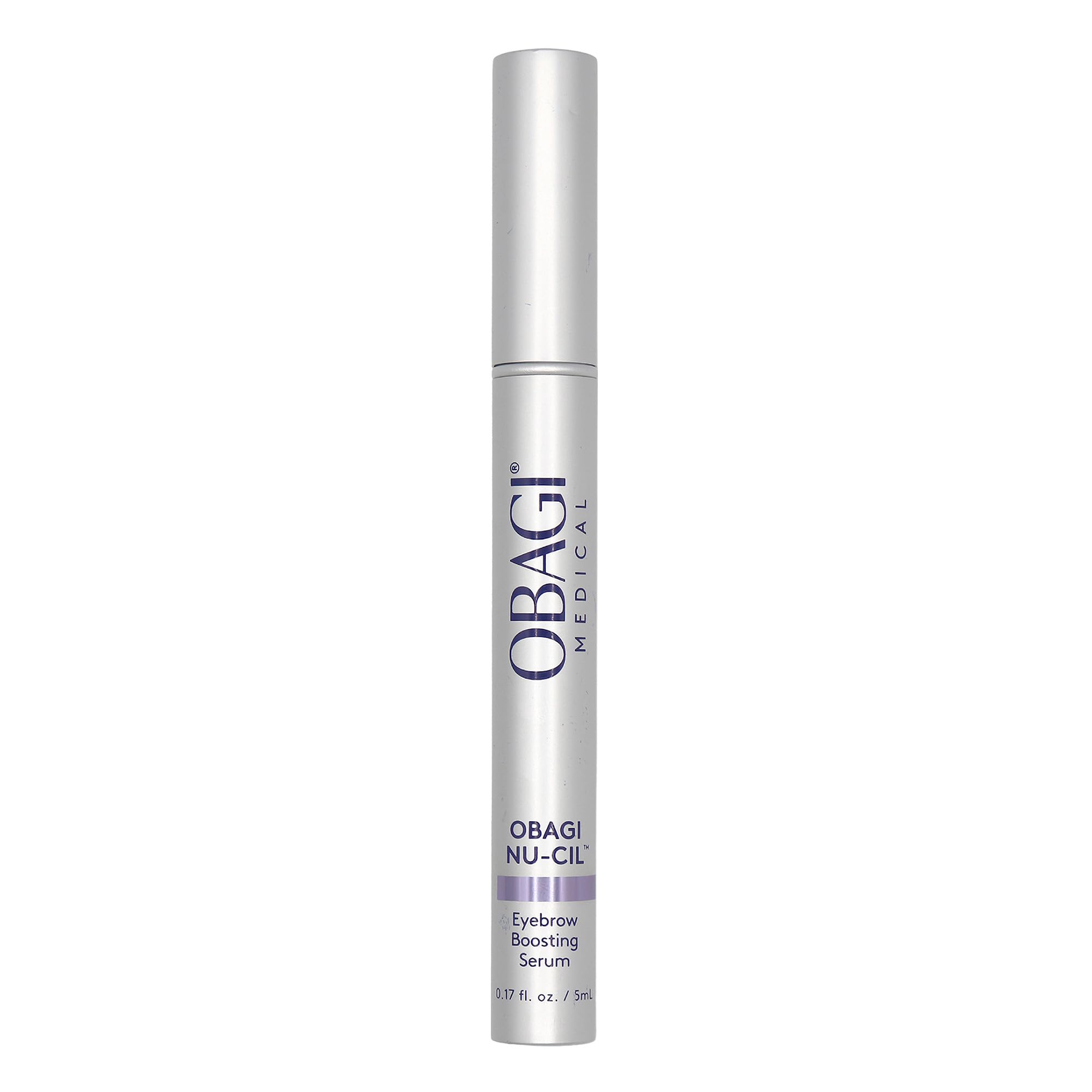 Obagi Nu-Cil serum bottle closeup for fuller-looking brows.