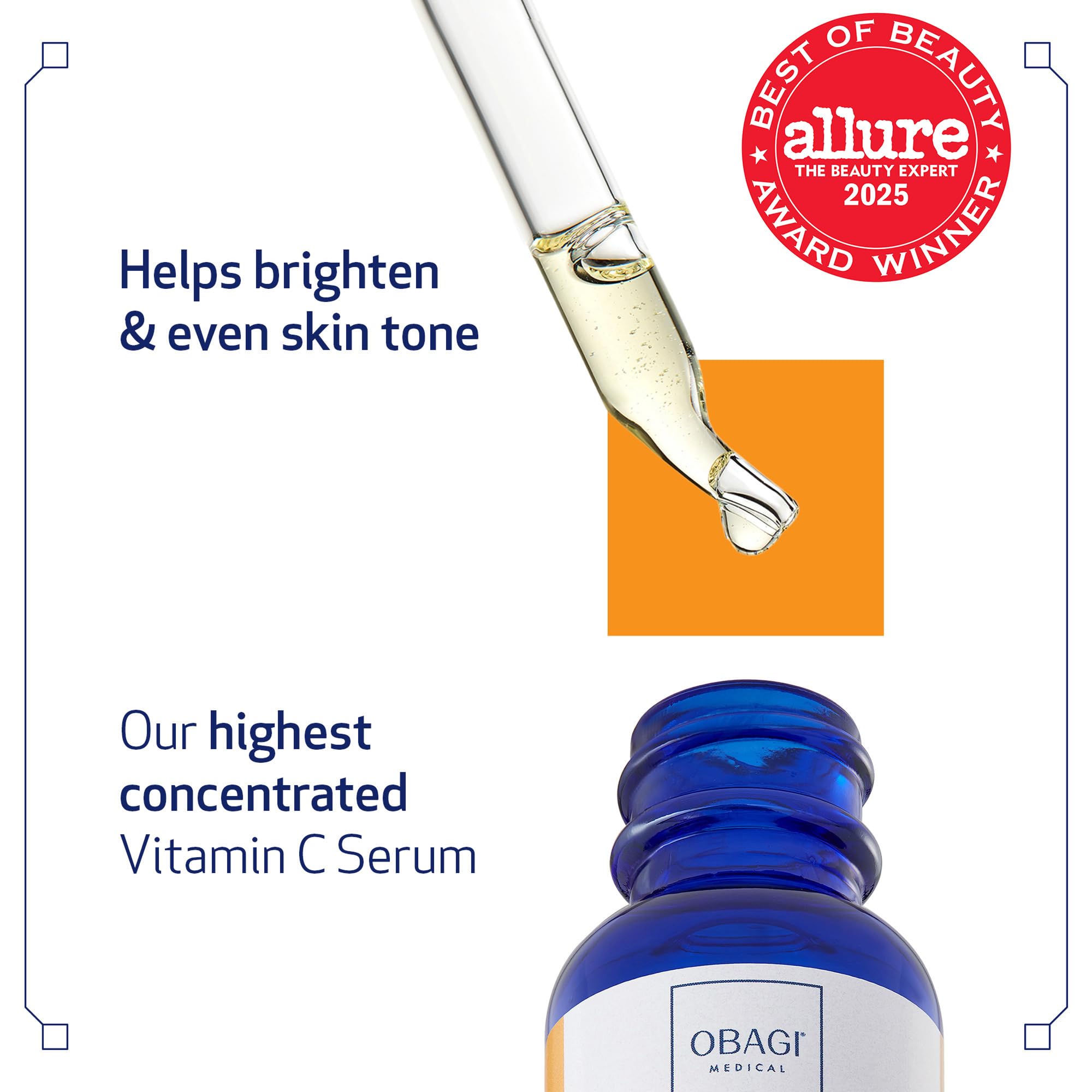 Obagi Vitamin C Serum golden liquid pour suggesting radiant skin prep.