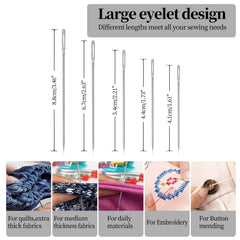 Obear large-eye needles in five sizes for smooth threading across fabrics.