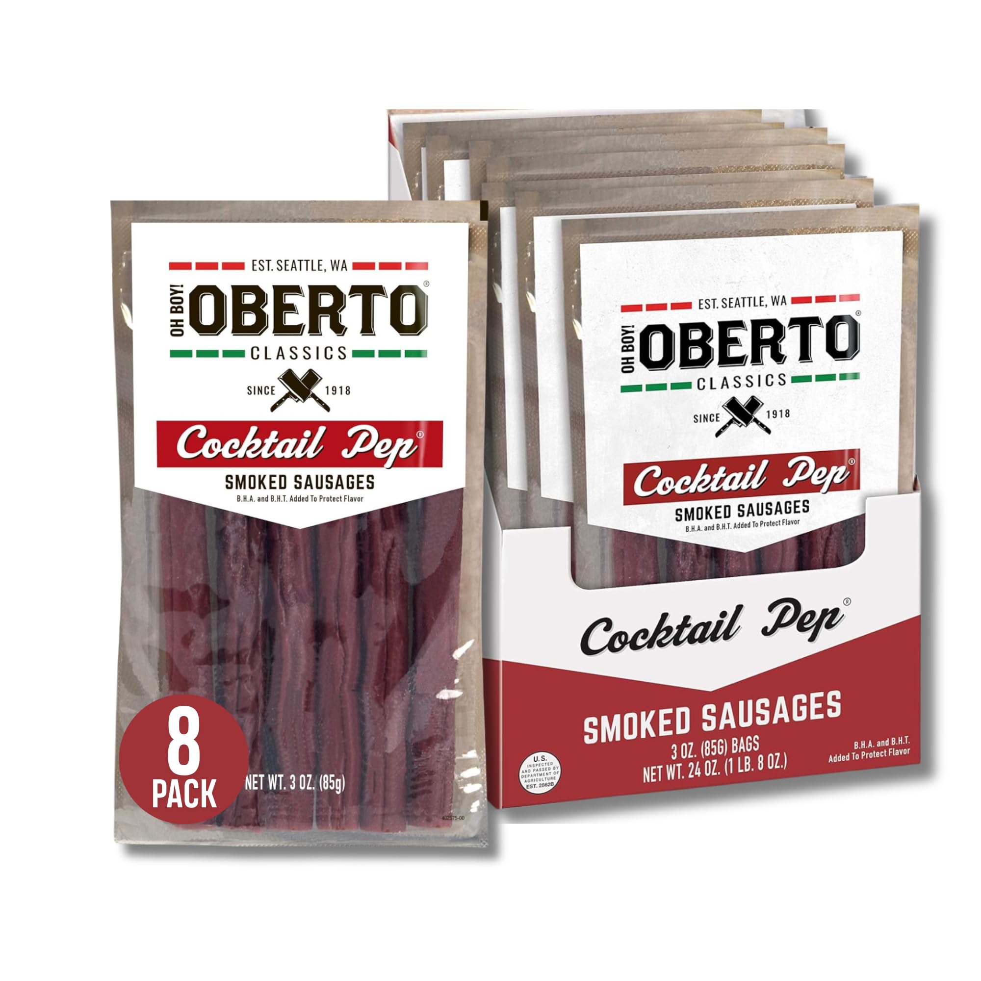 Oberto Oh Boy Classics Cocktail Pep smoked sausages front pack, grab-and-go snack.